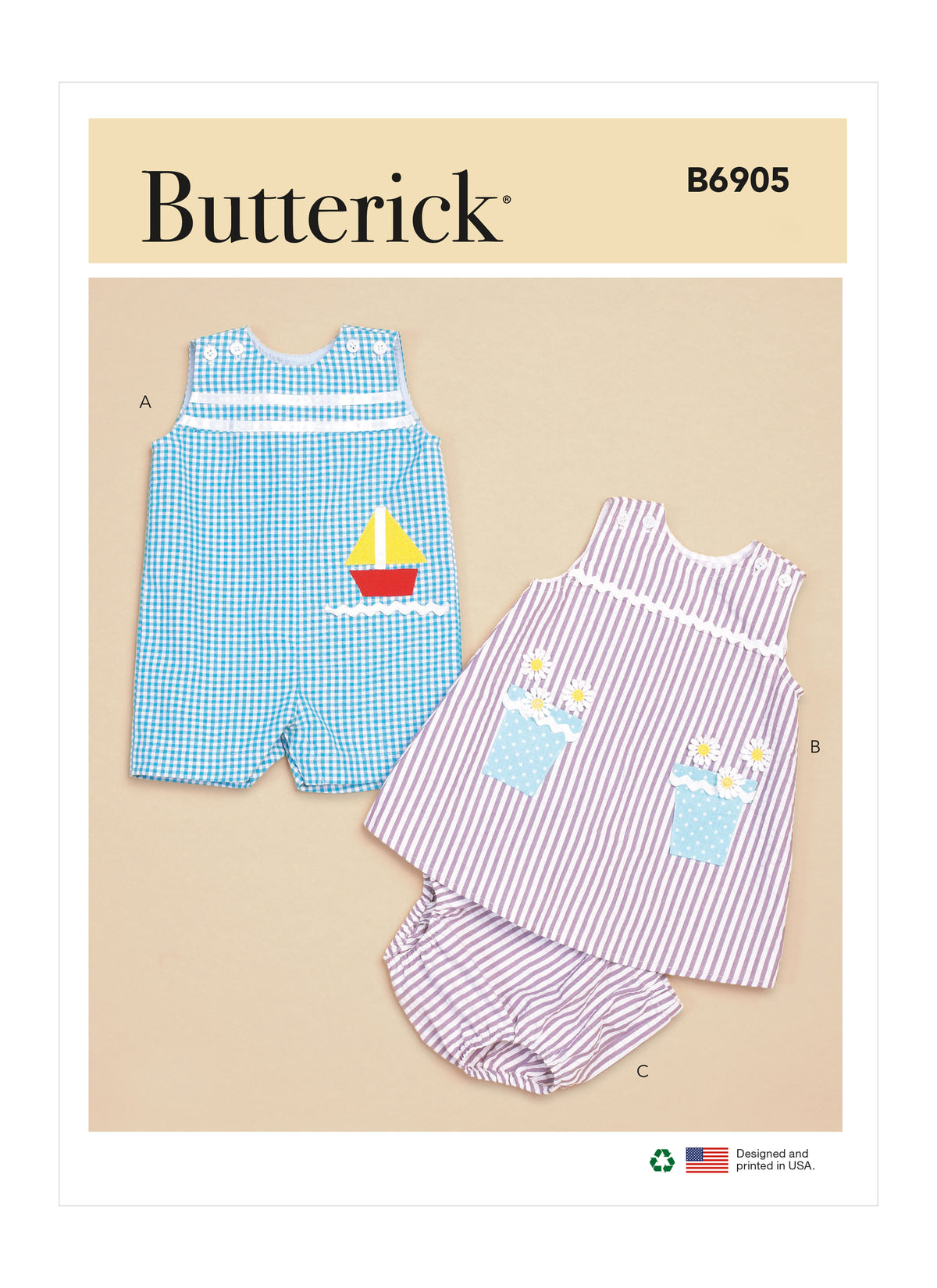 Patron Butterick n°6905 - Salopette, robe et culotte pour bébé