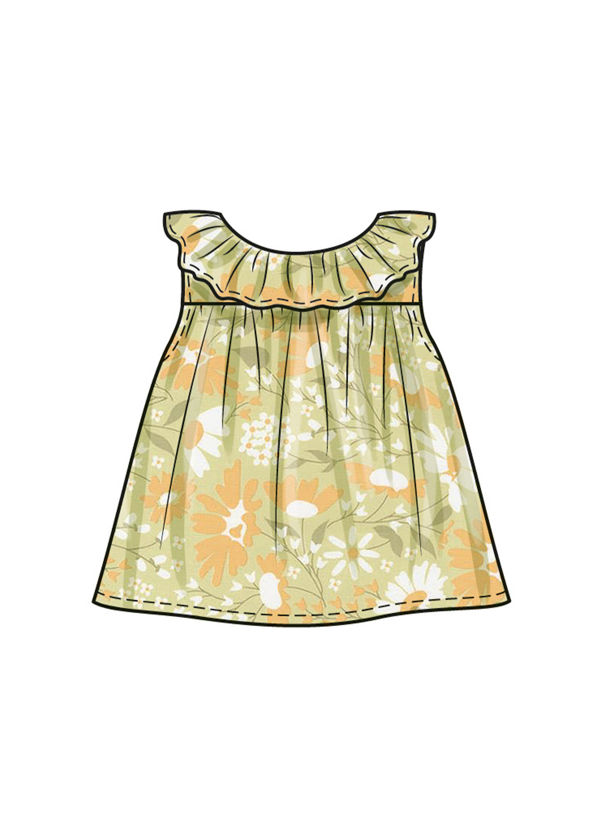 Robe d’été à bretelles larges tendance fleurie, motif pastel vert et orange, volants sur le dessus.