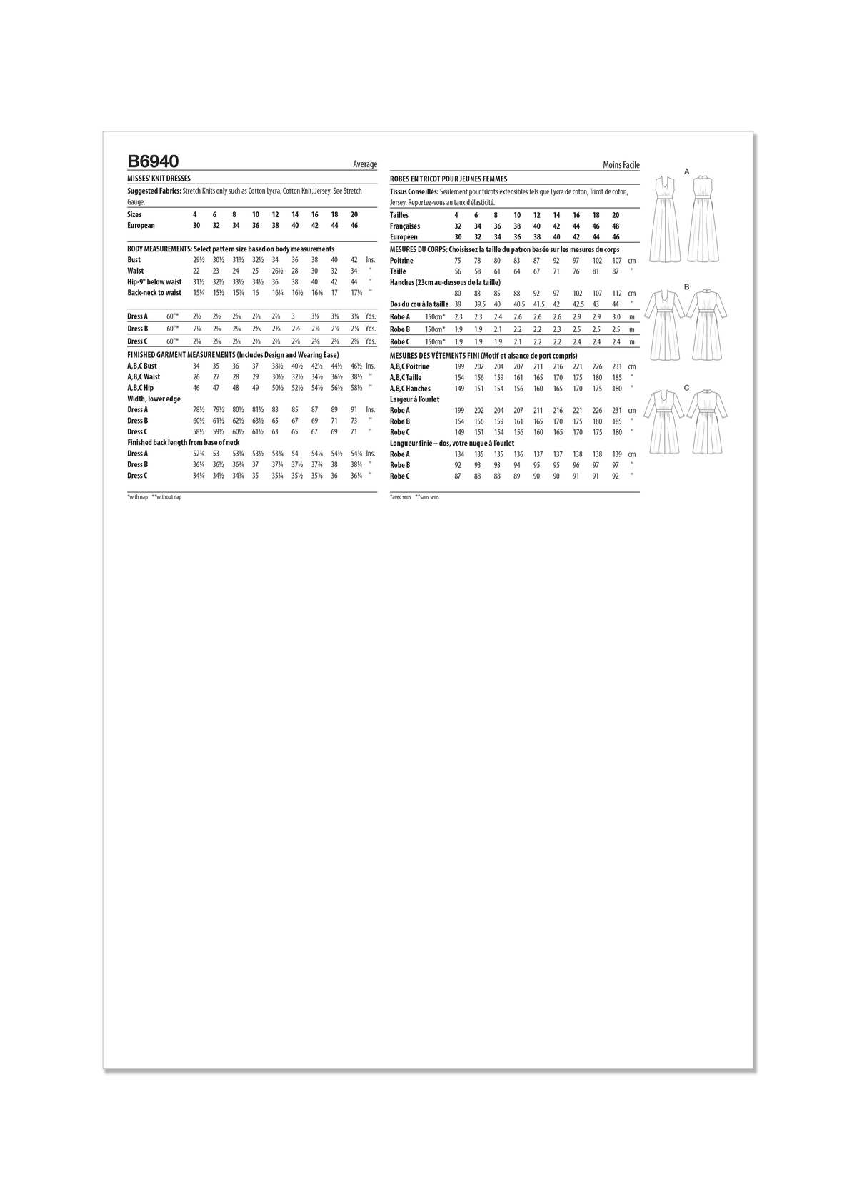 Patron Butterick n°6940 – Robe en maille avec ceinture froncée