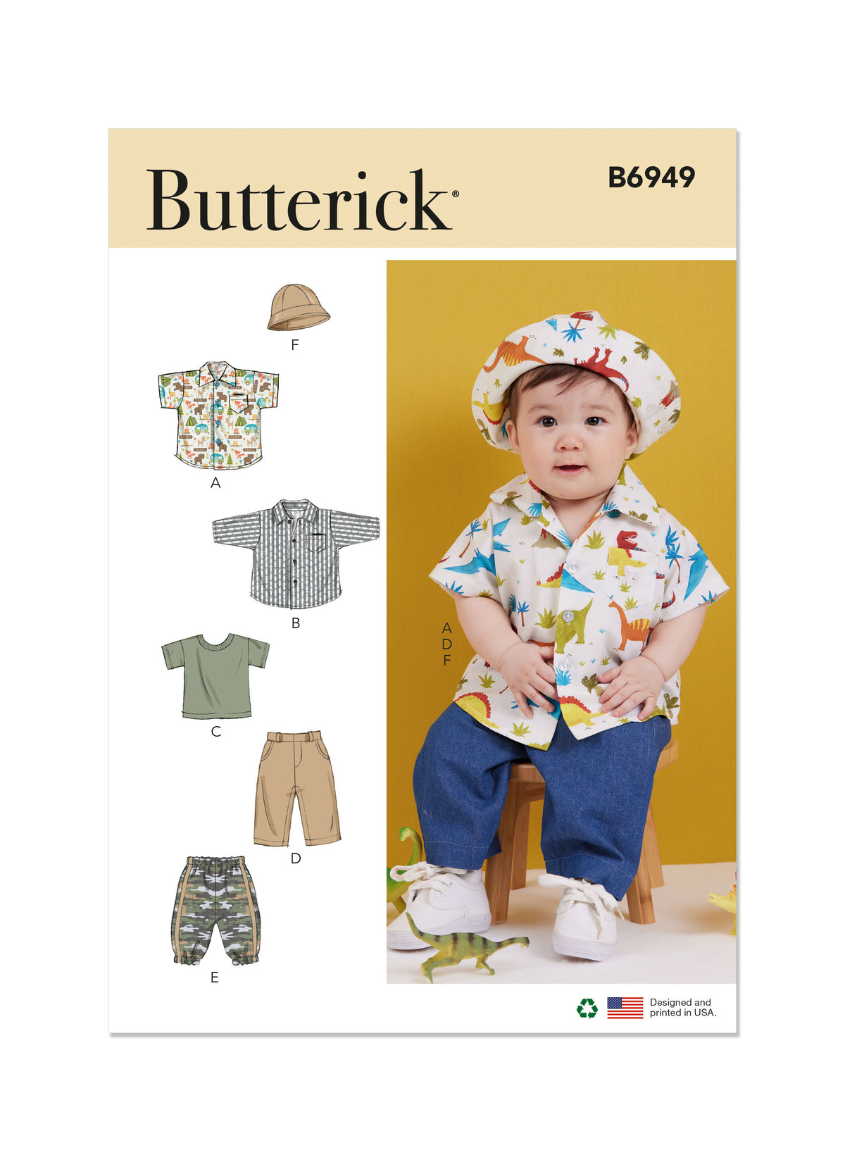 Patron Butterick n°6949 - Ensemble pour bébés : chemises, t-shirt, pantalons et chapeau
