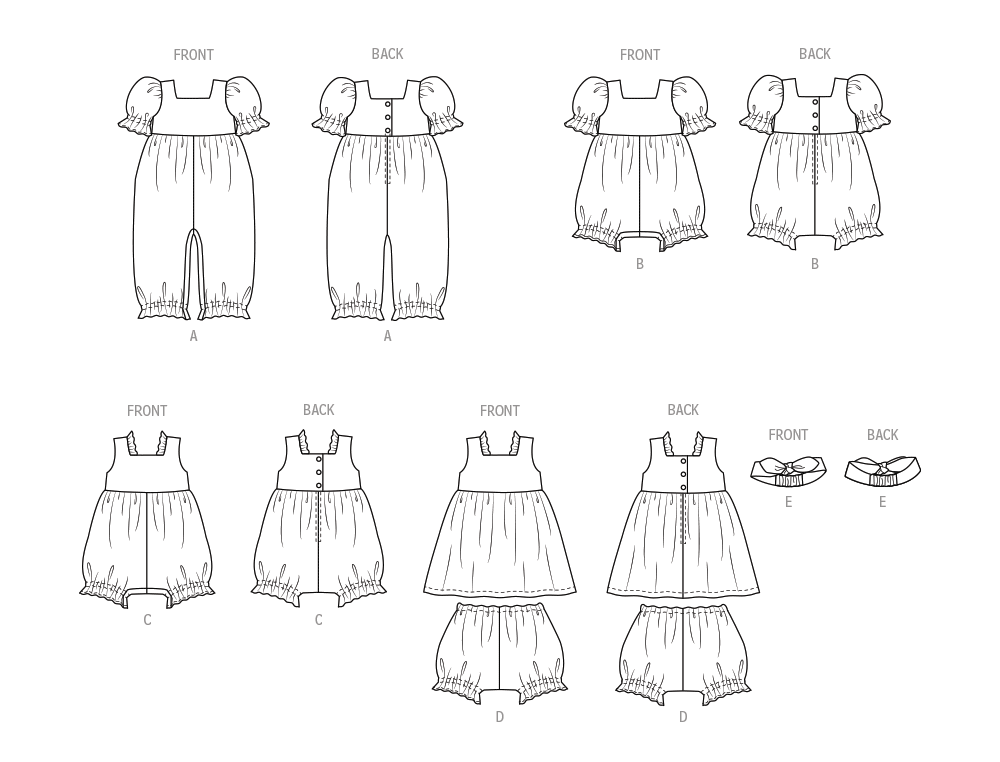 Patron Butterick n°6950 - Ensemble pour bébés : barboteuse, robe, bloomer et bandeau
