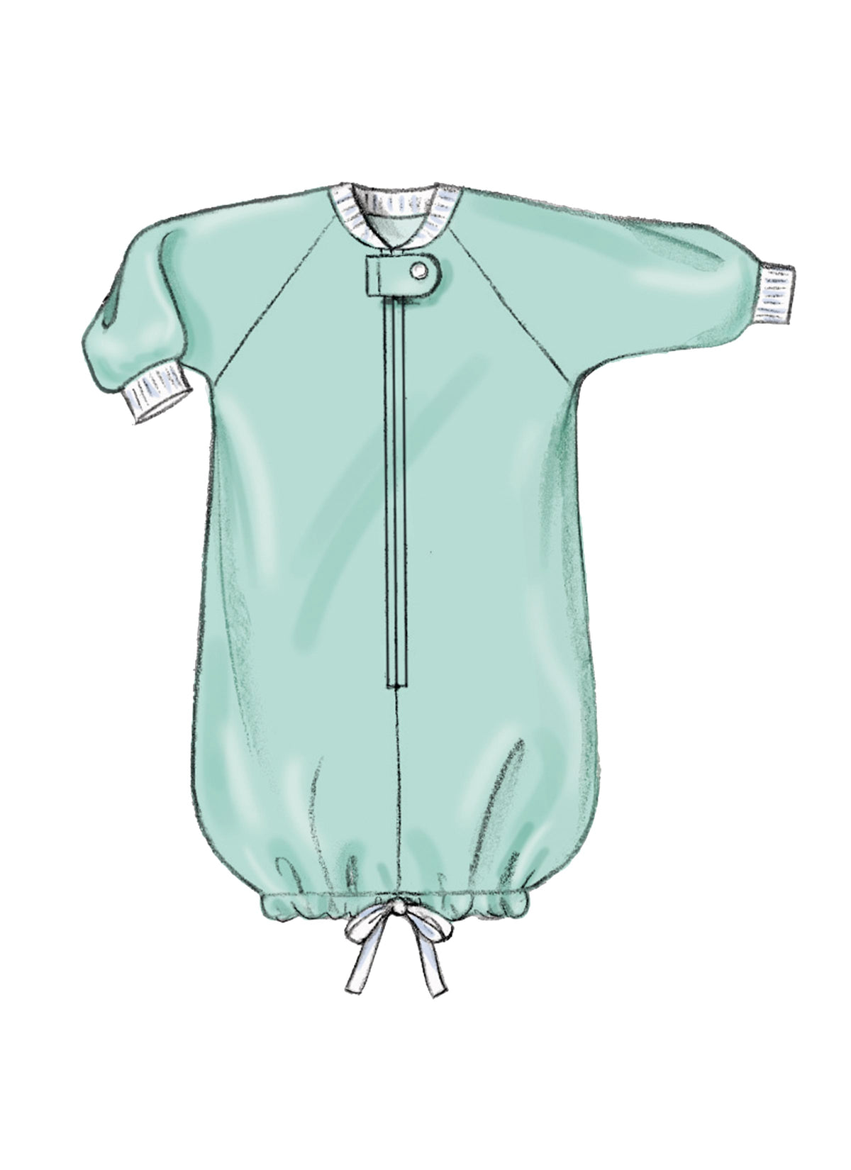 Combinaison légère pour bébé en menthe, fermeture zippée centrale et lien de serrage en bas.