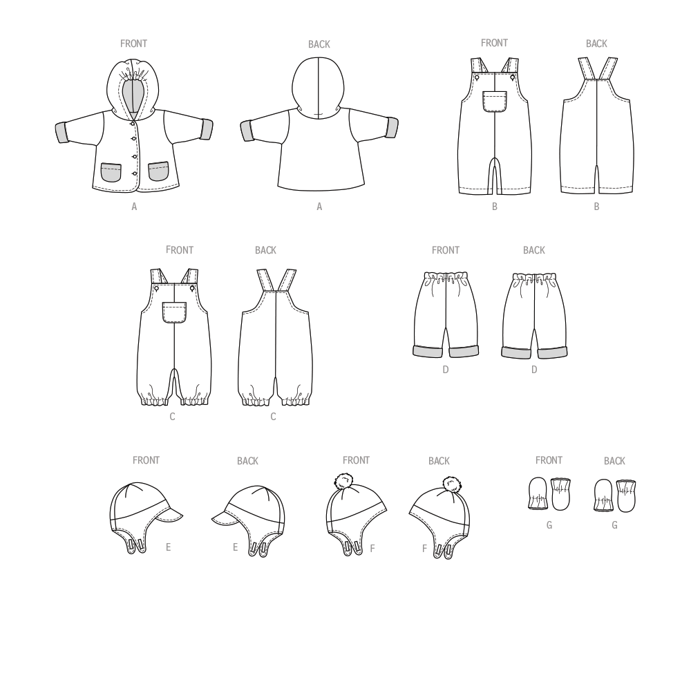 Patron Butterick n°6969 - Ensemble pour bébés : veste réversible, salopette, pantalon, chapeau et moufles