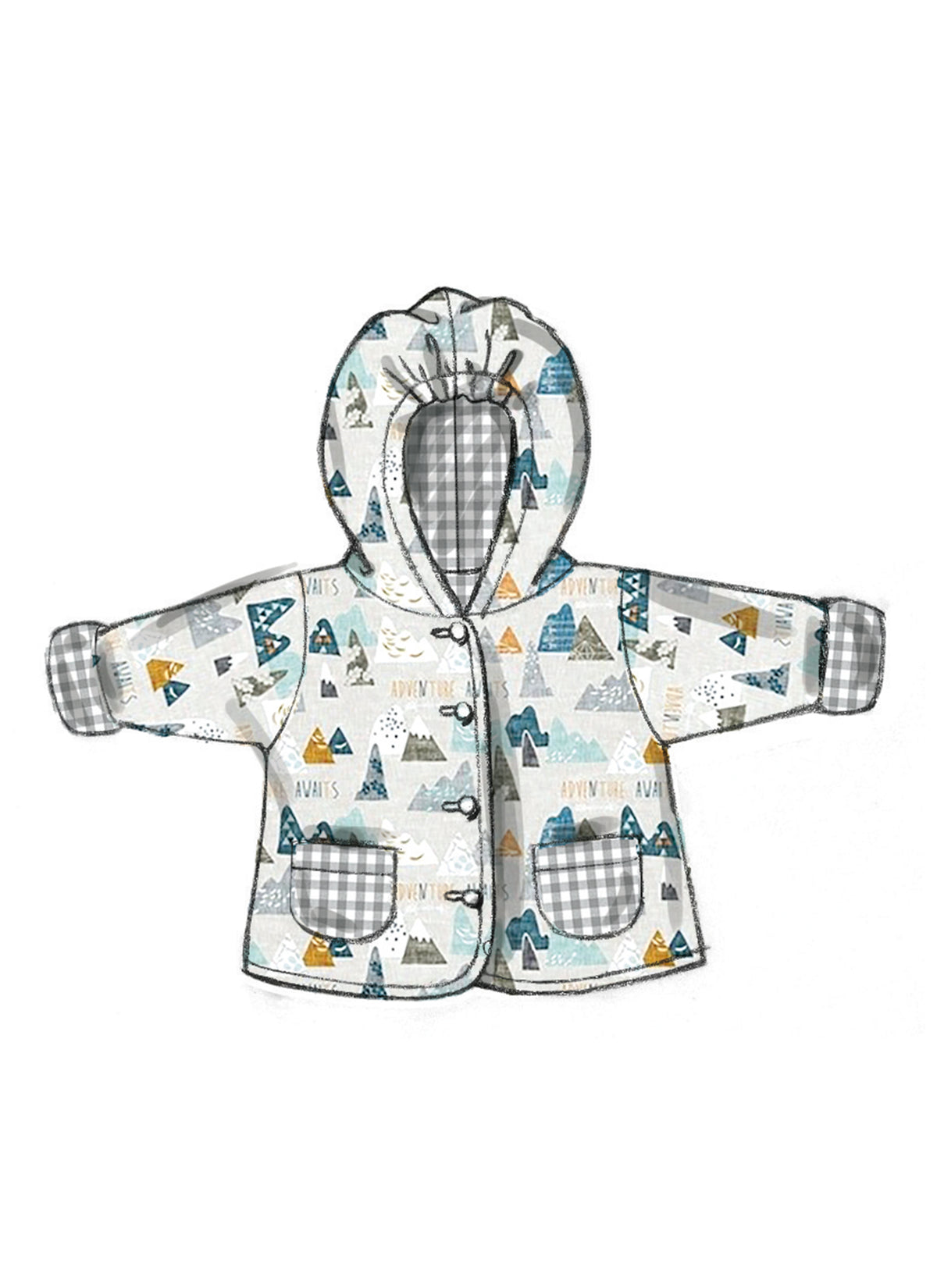 Patron Butterick n°6969 - Ensemble pour bébés : veste réversible, salopette, pantalon, chapeau et moufles