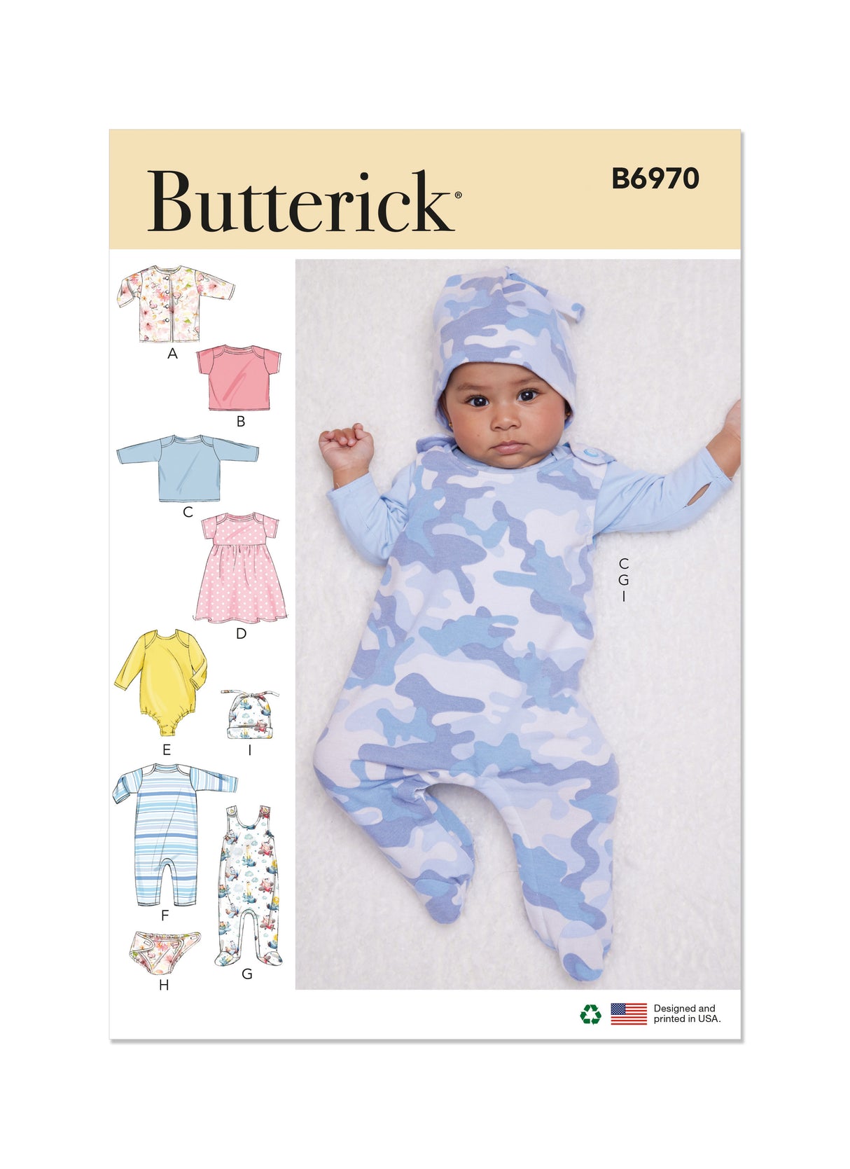Patron Butterick n°6970 - Ensemble complet pour bébé : veste, salopette, robe, pantalon, chapeau et bonnet