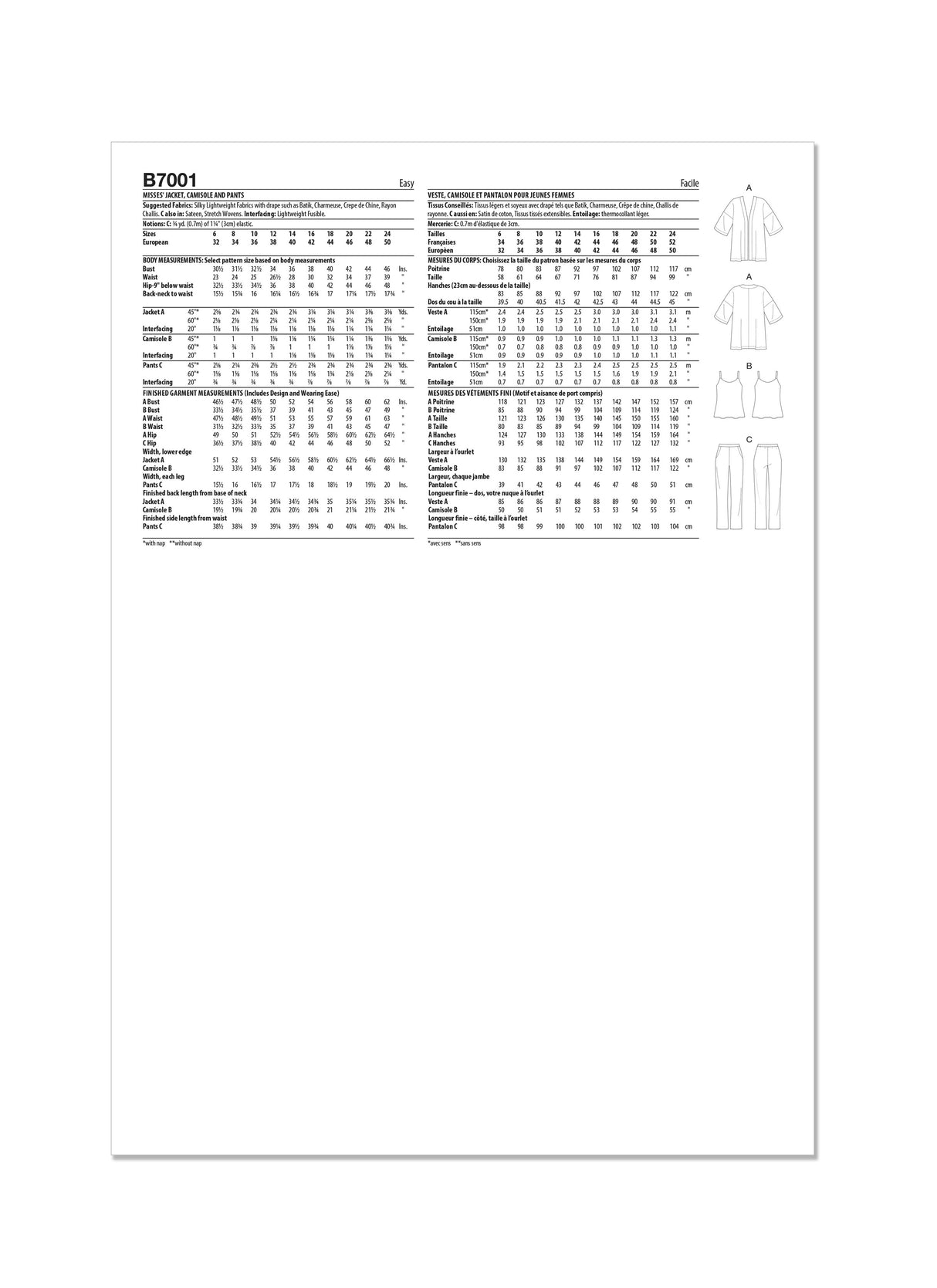 Patron Butterick n°7001 - Ensemble veste ample, caraco en biais et pantalon ajusté