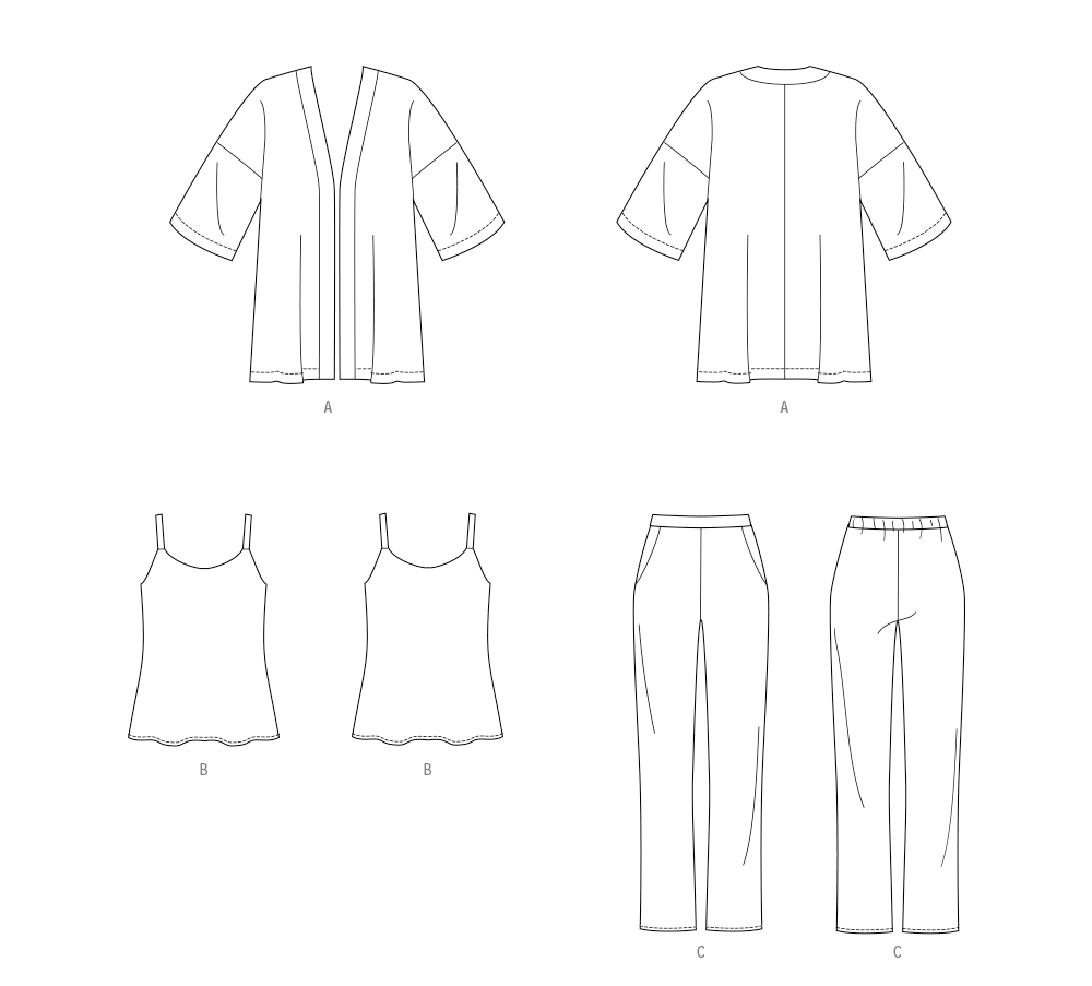 Patron Butterick n°7001 - Ensemble veste ample, caraco en biais et pantalon ajusté