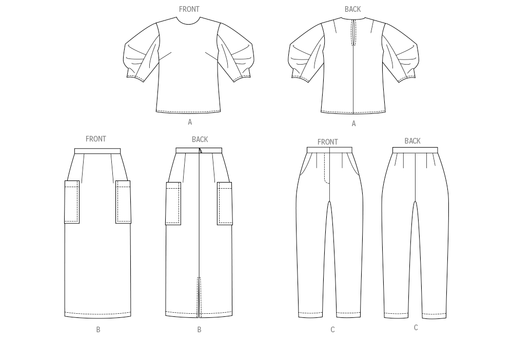 Patron Butterick n°7002 - Ensemble haut à manches bouffantes, jupe et pantalon fuselé
