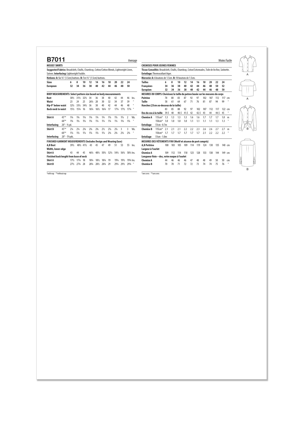 Patron Butterick n°7011 – Chemise boutonnée avec variations de manches