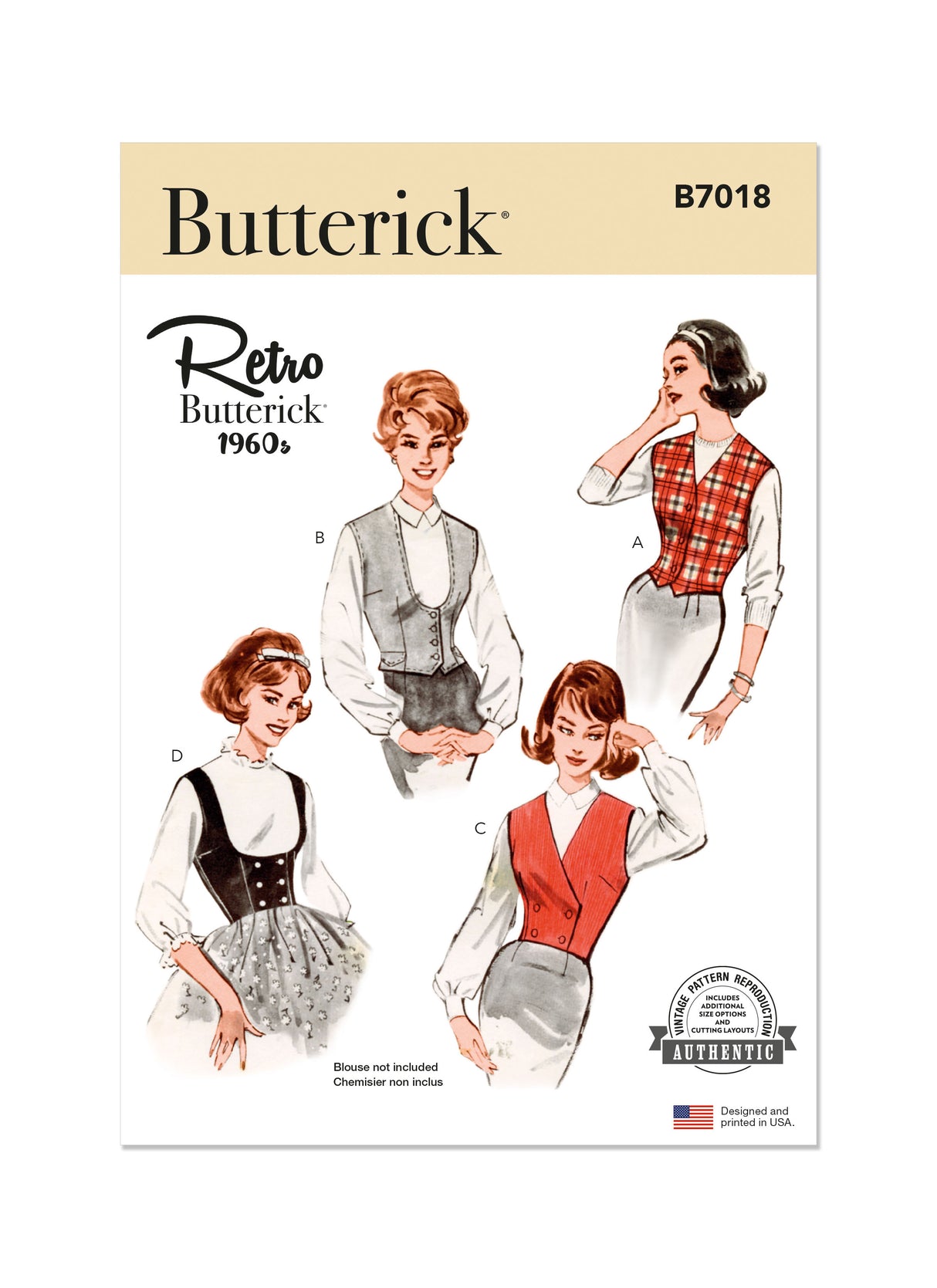 Patron Butterick n°7018 – Gilet vintage des années 1960 en quatre styles