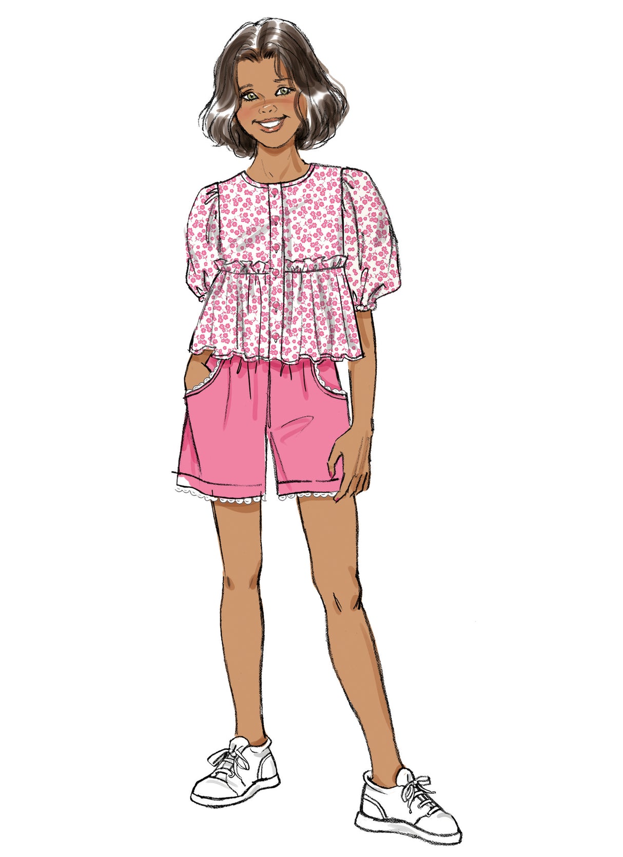 Patron Butterick n°7034 – Top boutonné, shorts et pantalon à sash pour enfants