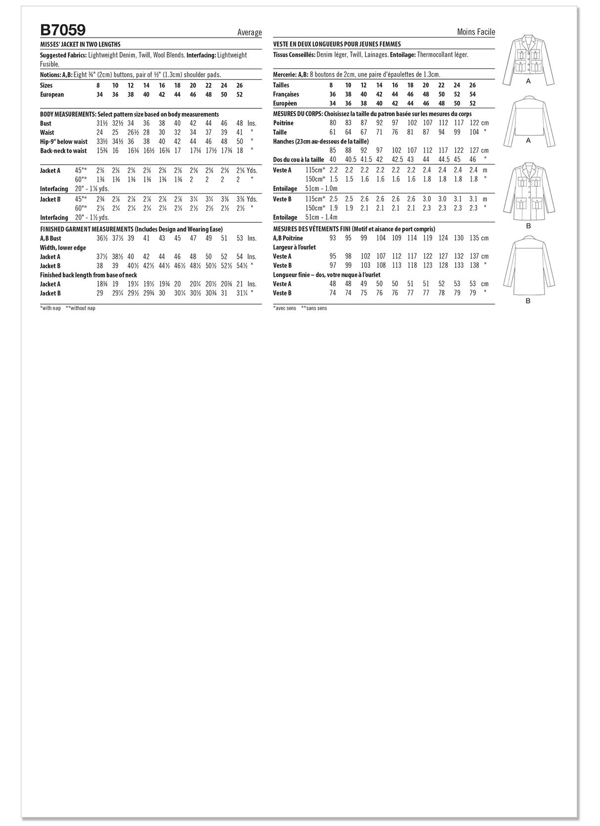 Patron Butterick n°7059 – Veste semi-cintrée en deux longueurs