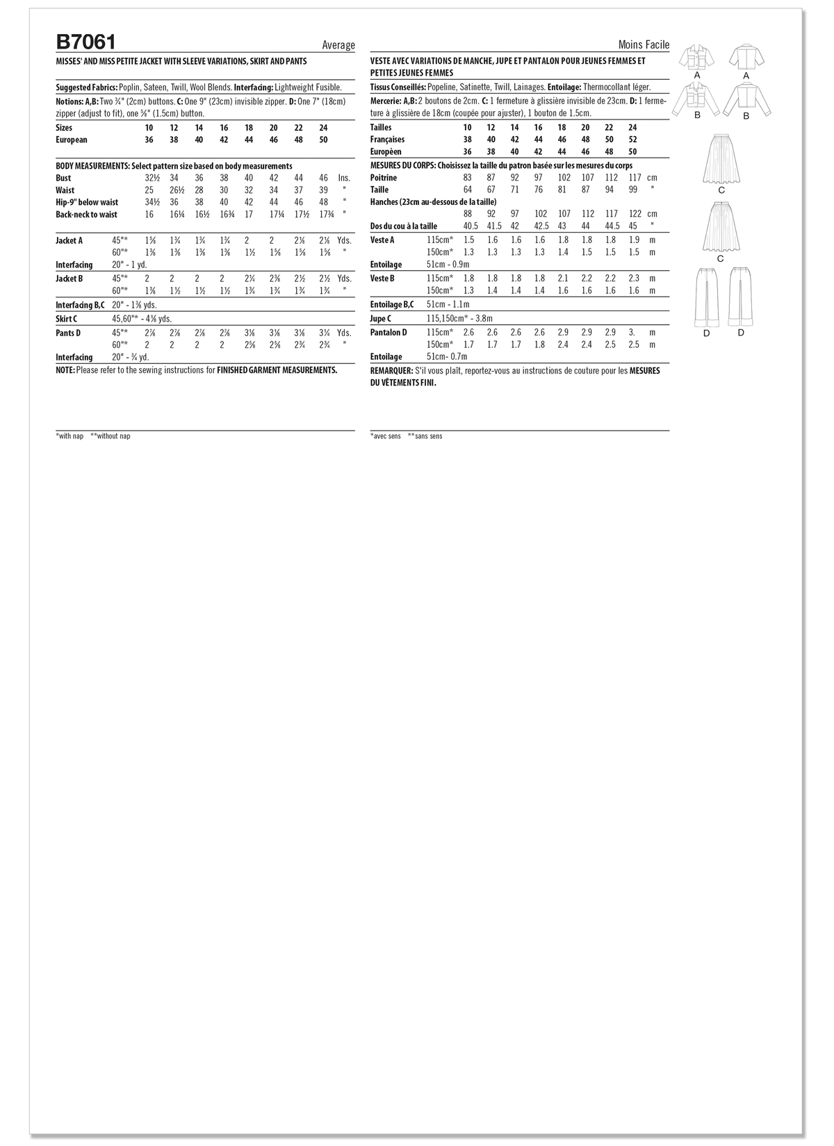 Patron Butterick n°7061 – Veste, jupe et pantalon coordonnés