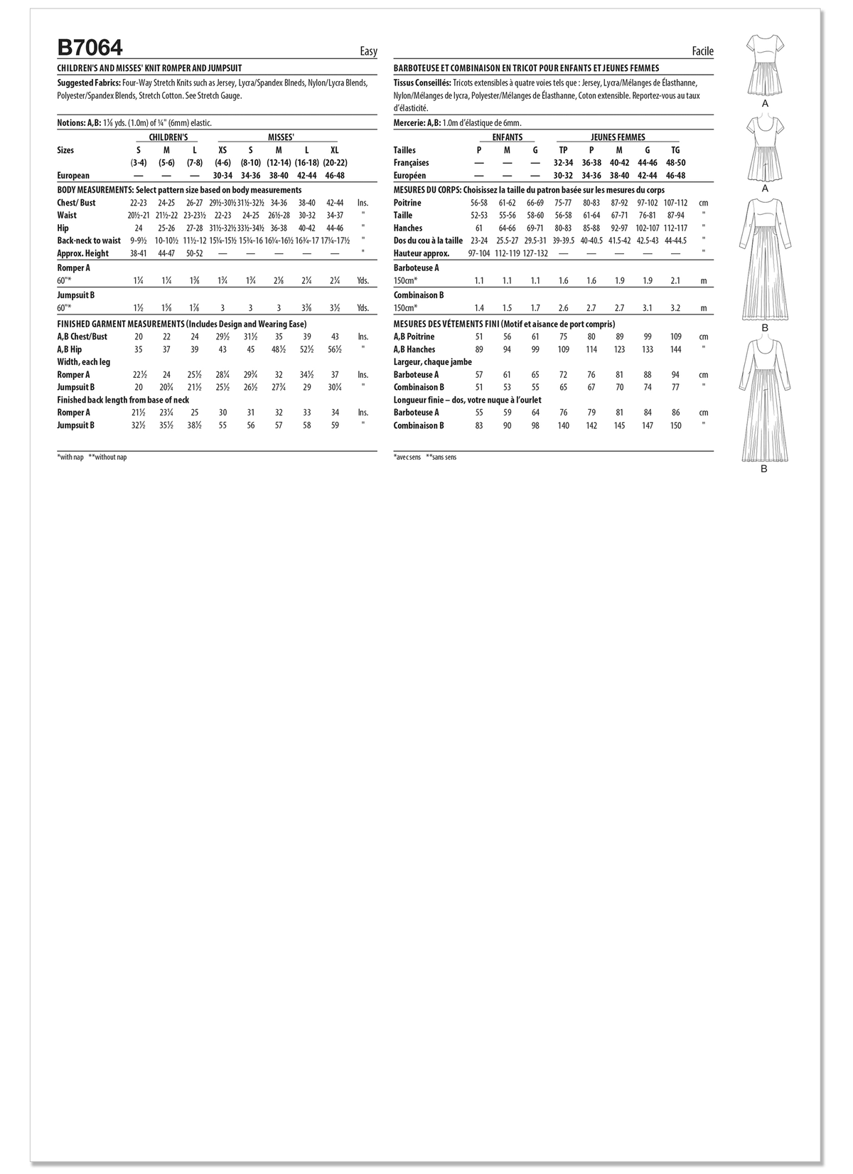 Patron Butterick n°7064 – Combinaison en maille enfant et femme