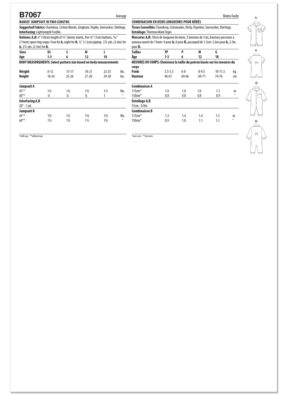 Patron Butterick n°7067 – Combinaison une pièce pour bébé