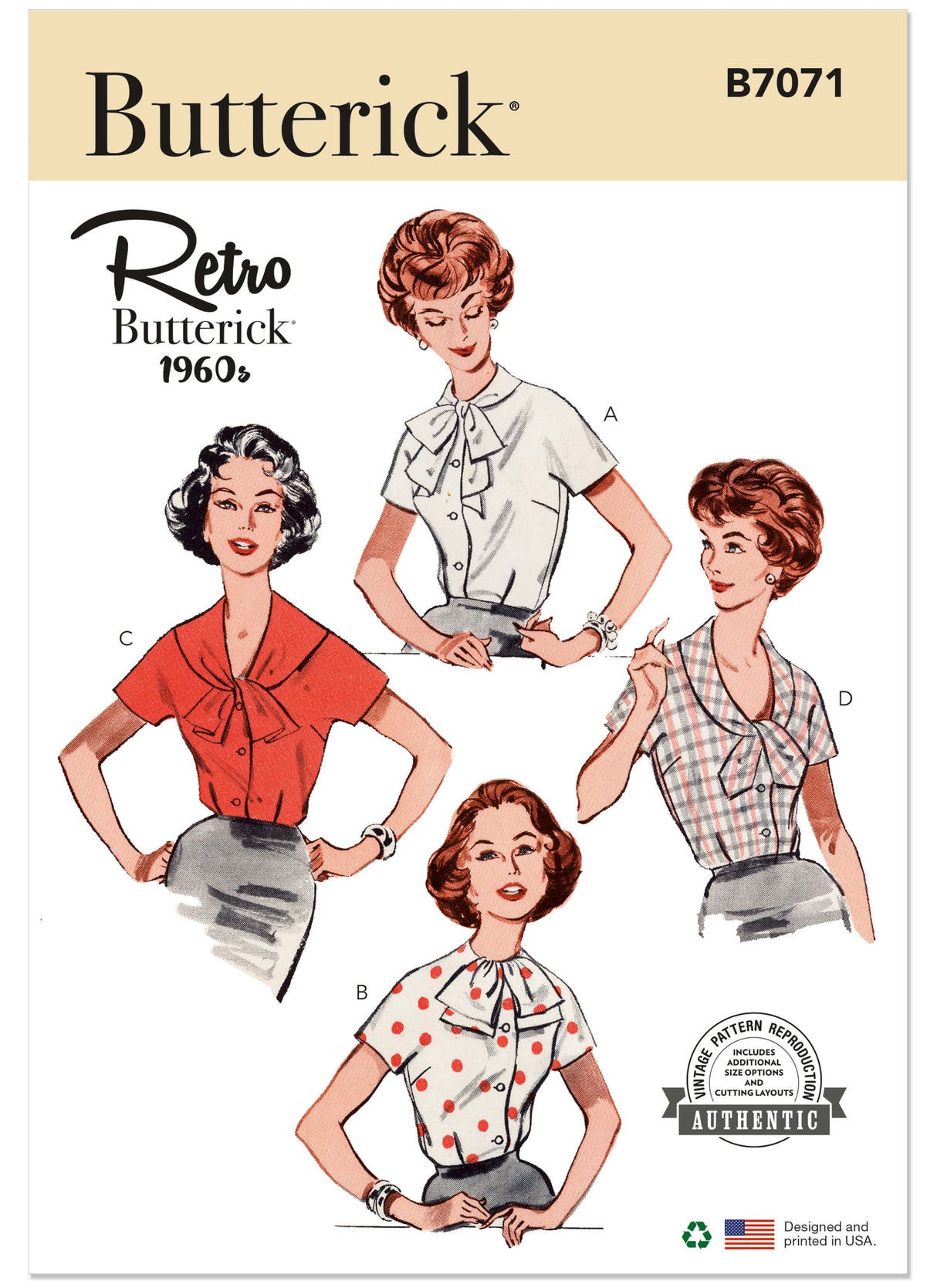 Patron Butterick n°7071 – Blouse vintage années 1960 à quatre encolures