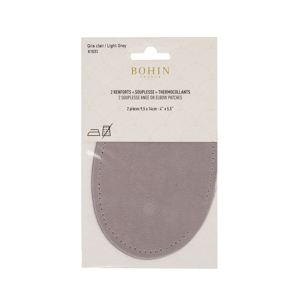 Coudières/Genouillères thermocollantes en suédine gris clair BOHIN – 9,5 x 14 cm