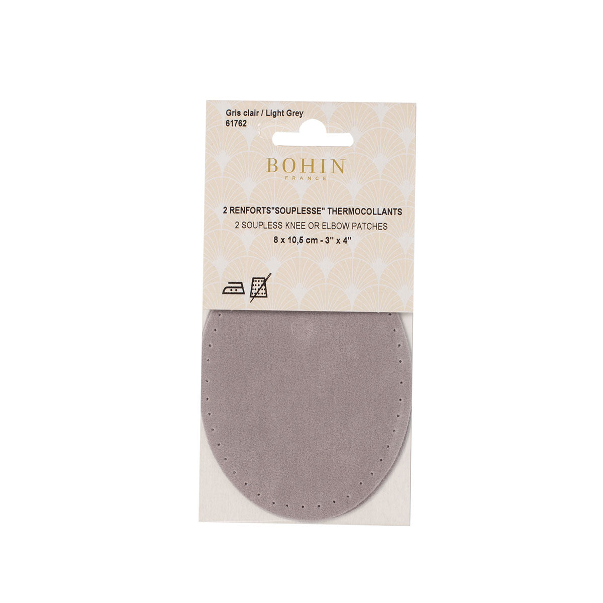 Coudières/Genouillères thermocollantes en suédine gris clair BOHIN – 8 x 10,5 cm