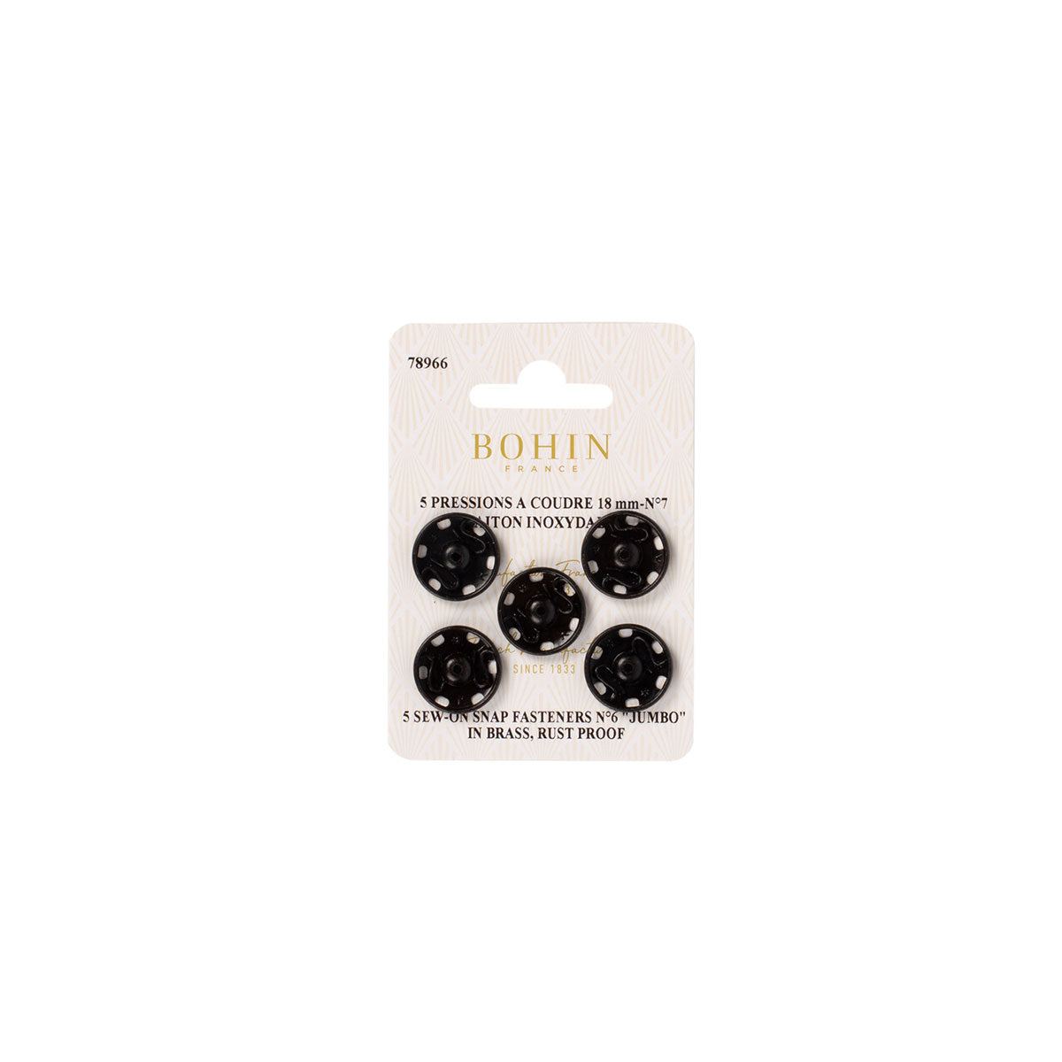 Boutons-pression à coudre en laiton inoxydable BOHIN N°7 – 18 mm, Noir