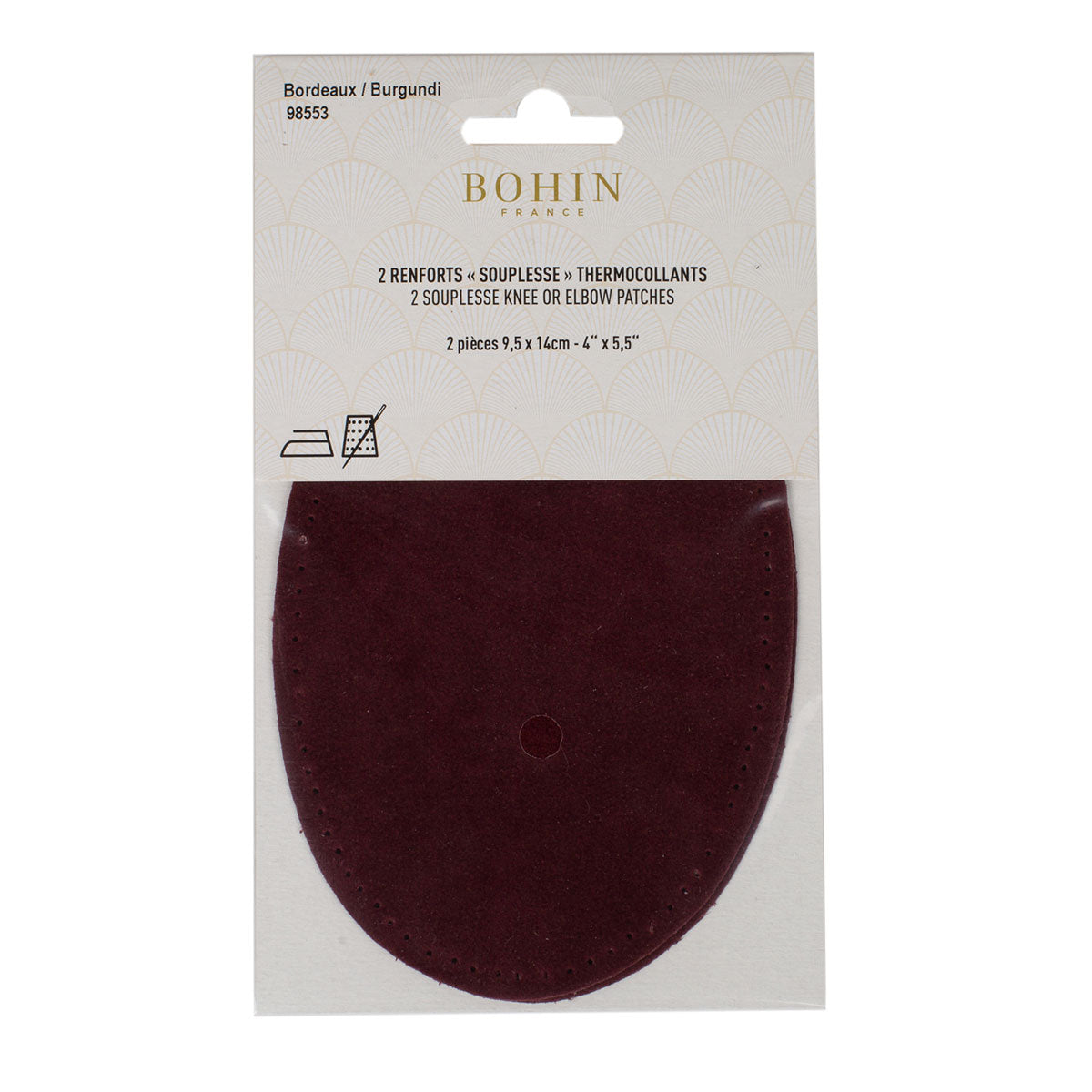 Coudières/Genouillères thermocollantes en suédine bordeaux BOHIN – 9,5 x 14 cm
