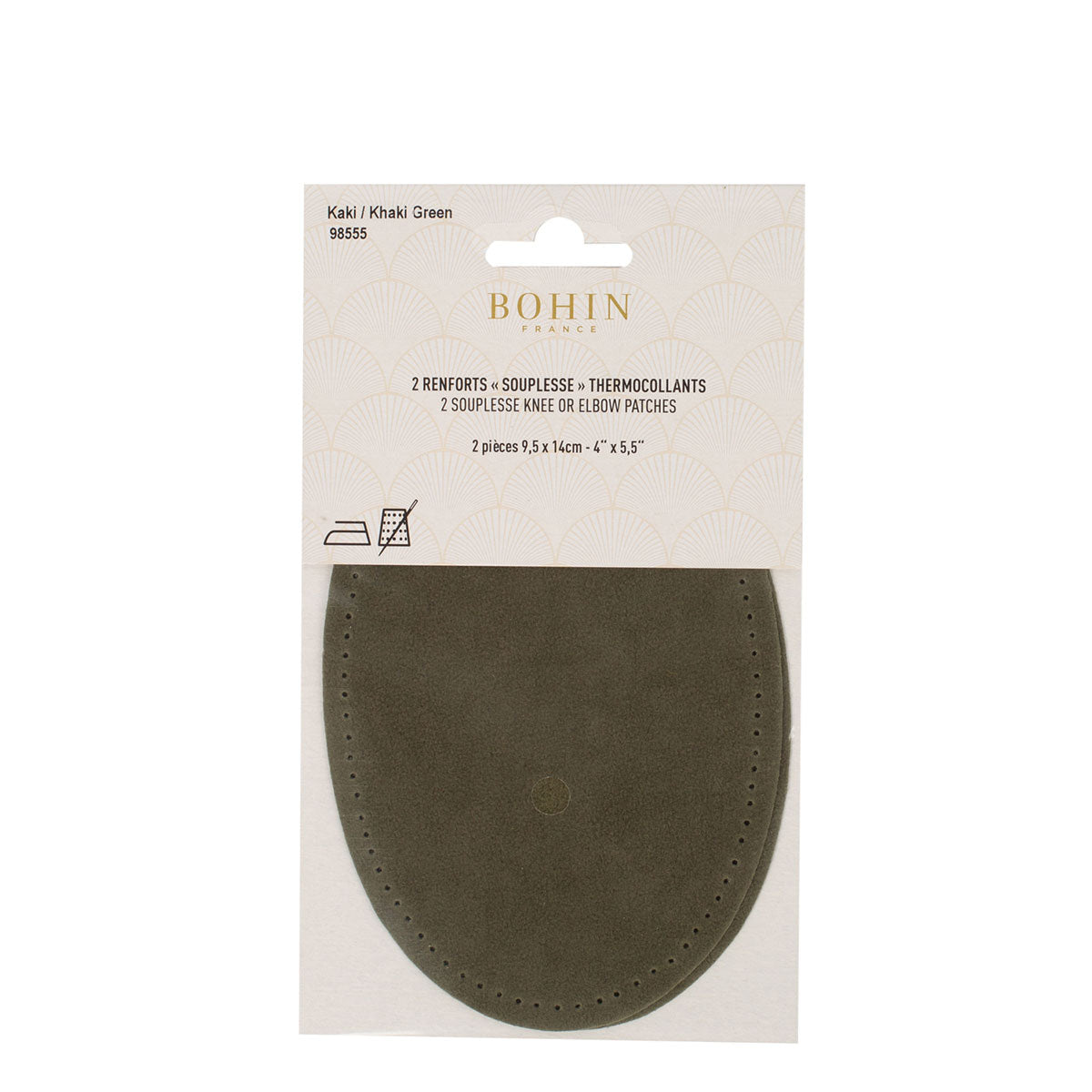 Coudières/Genouillères thermocollantes en suédine kaki BOHIN – 9,5 x 14 cm