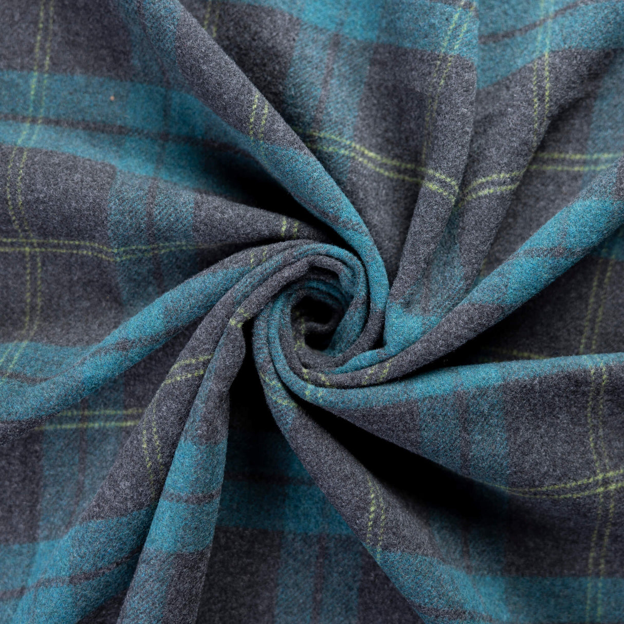 Flanelle de laine – Carreaux vert canard et gris lignes jaunes