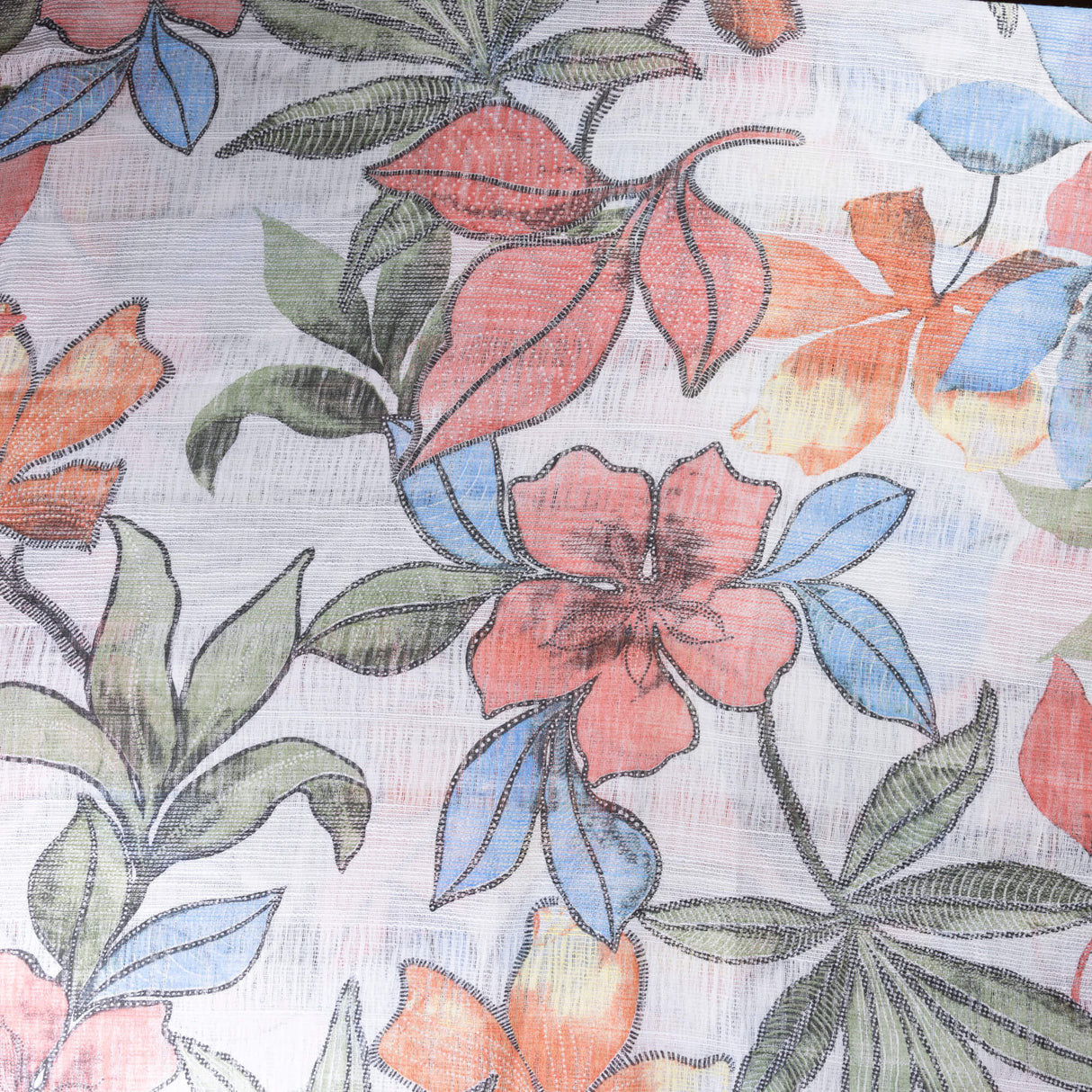 Gaze 100% coton - Fleurs multicolores fond blanc