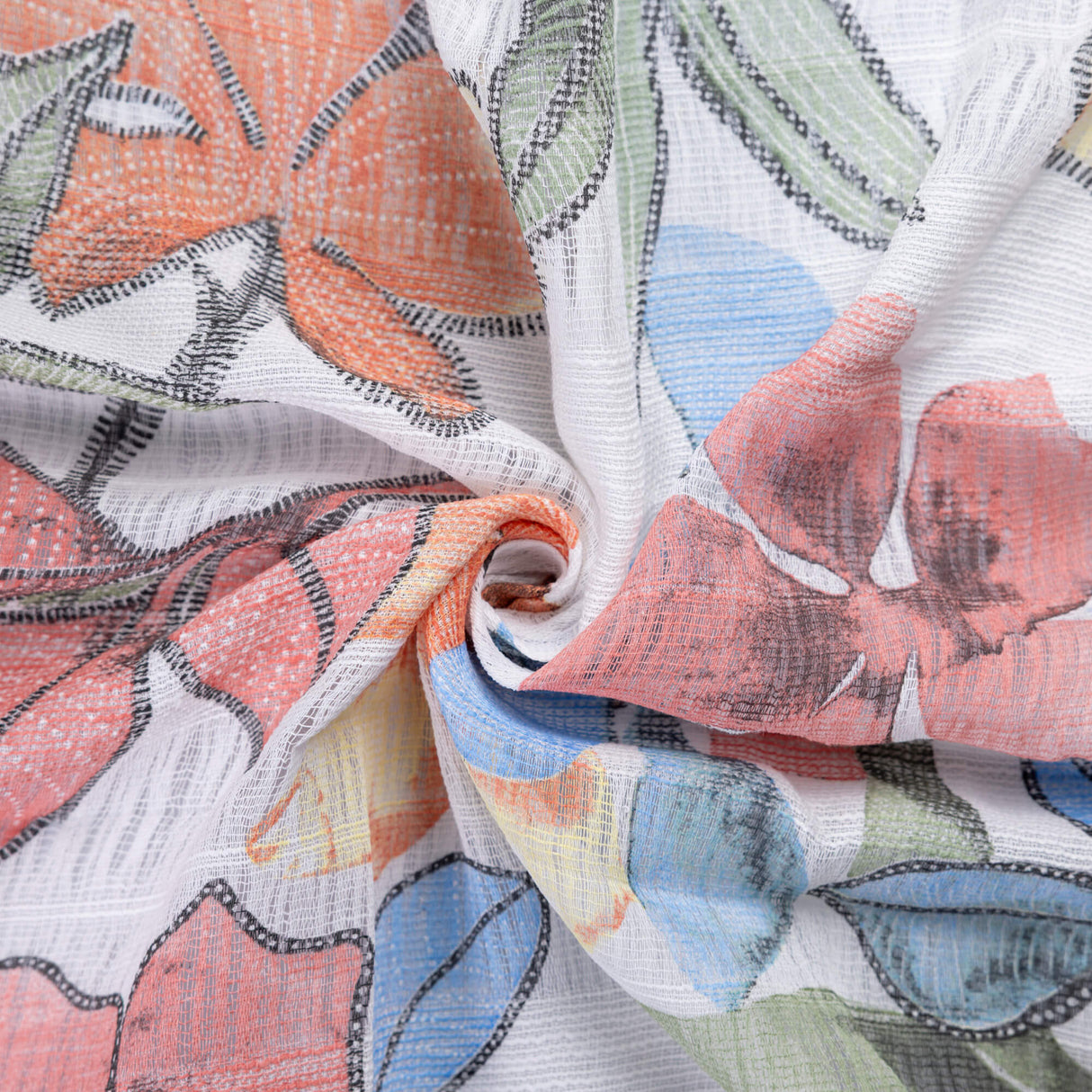 Gaze 100% coton - Fleurs multicolores fond blanc