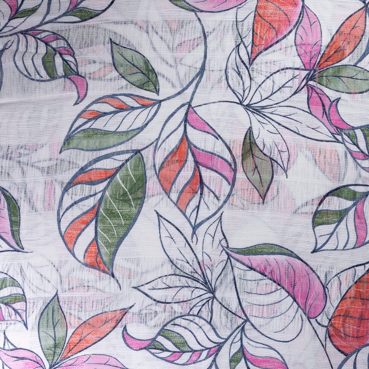 Gaze 100% coton – Feuilles multicolores fond blanc