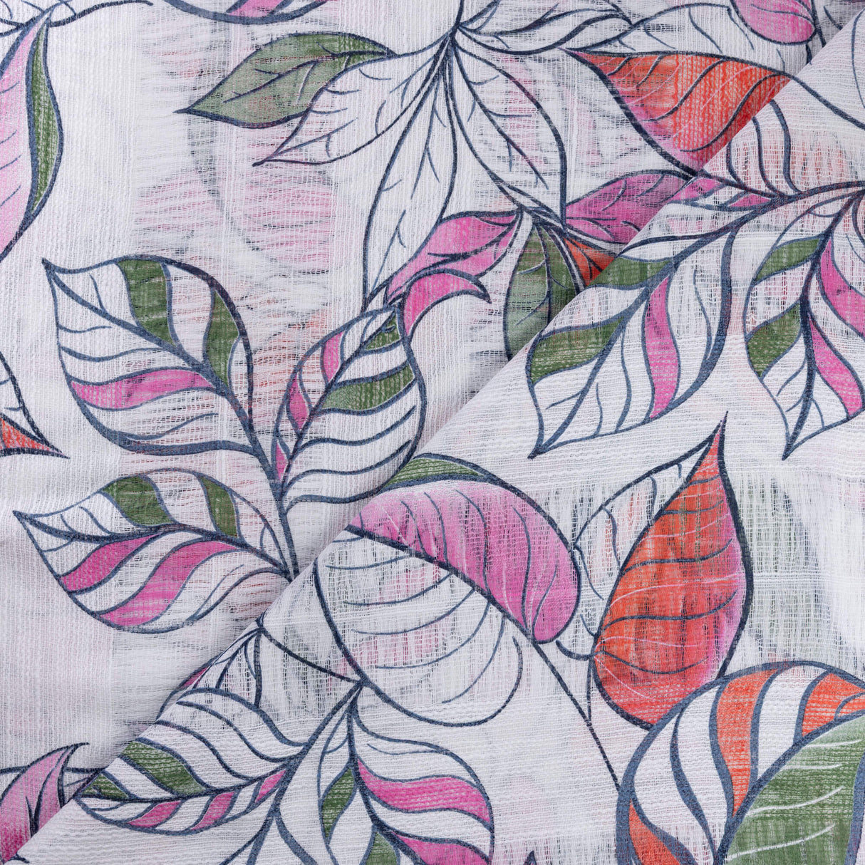 Gaze 100% coton – Feuilles multicolores fond blanc