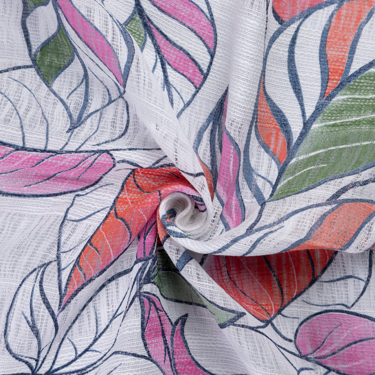 Gaze 100% coton – Feuilles multicolores fond blanc