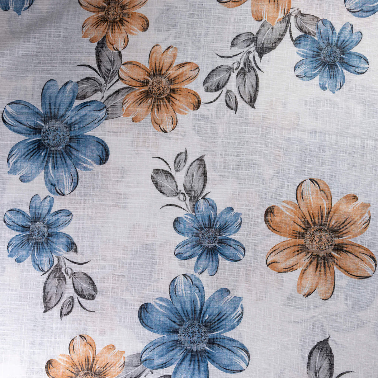Gaze 100% coton – Fleurs bleues et terracotta fond blanc
