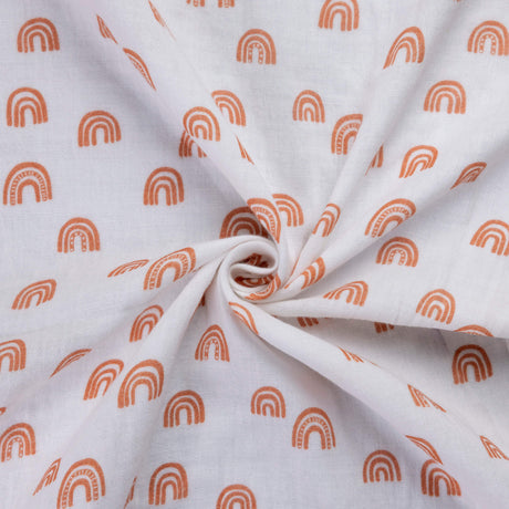 Double gaze 100% coton – Motif arc-en-ciel terracotta fond blanc