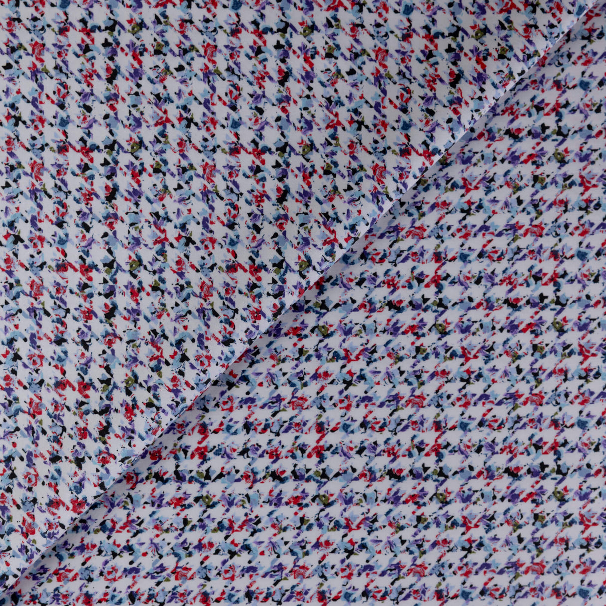 Satin coton & élasthanne – Pied-de-poule fleuri multicolore fond blanc