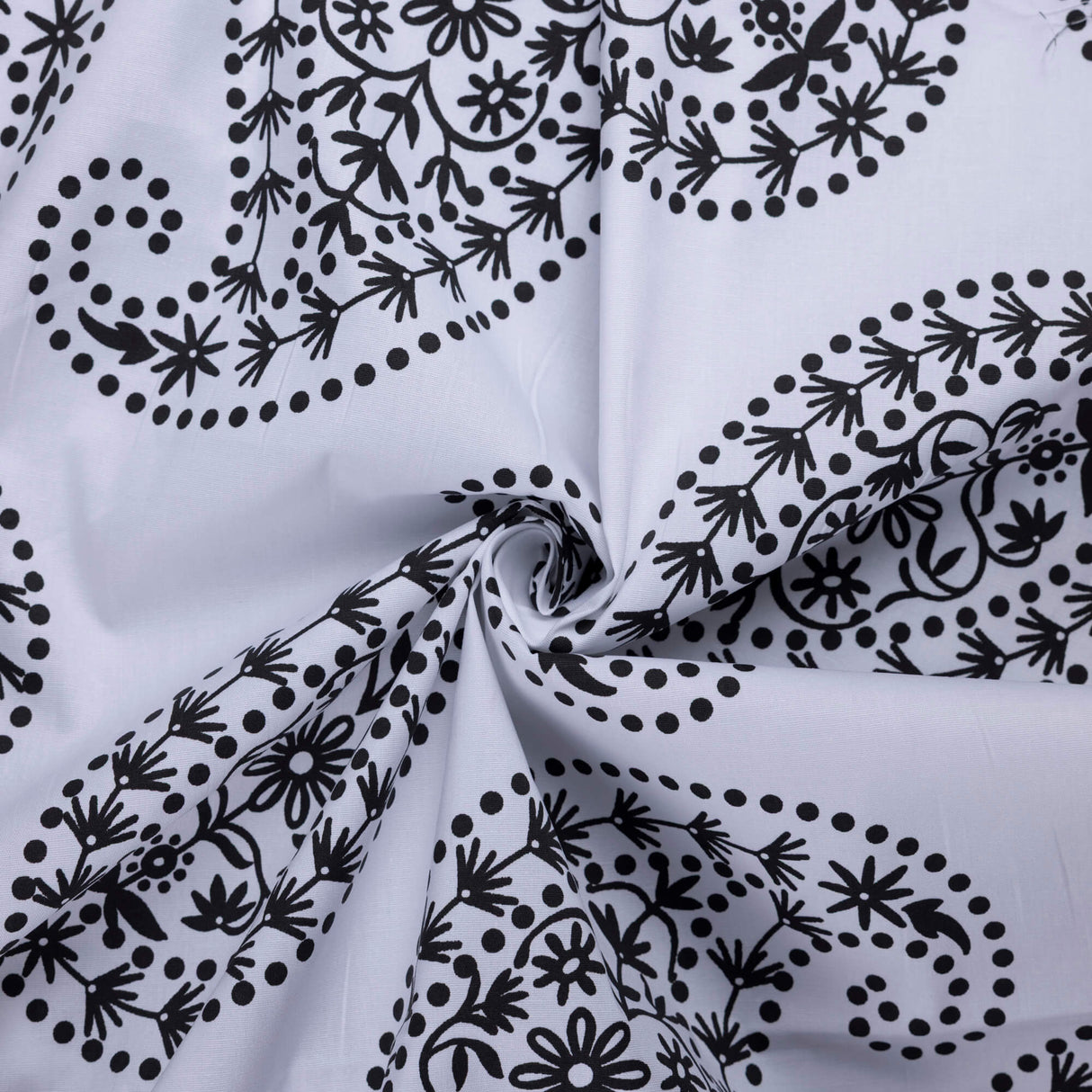 Popeline coton & élasthanne – Paisley floral noir fond blanc