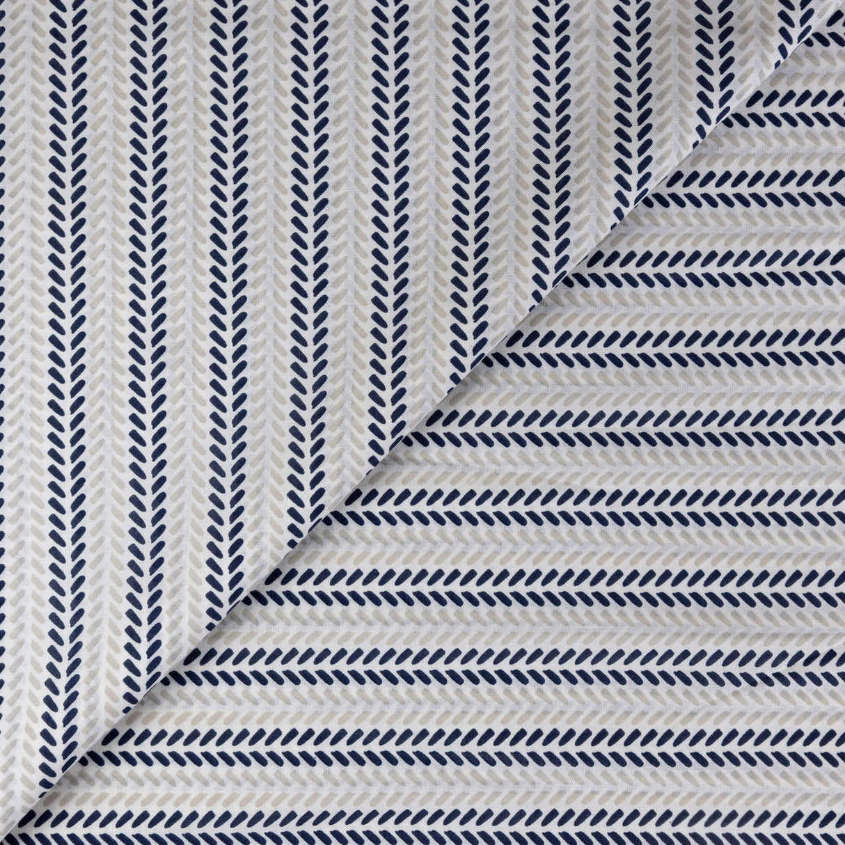 Étoffe 100% viscose - Rayure feuillage bleu fond blanc