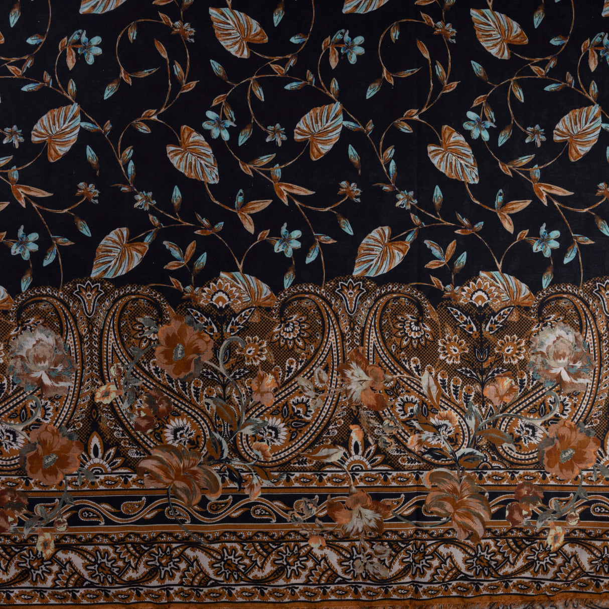 Voile 100% coton – Fleurs et cachemire caramel fond noir