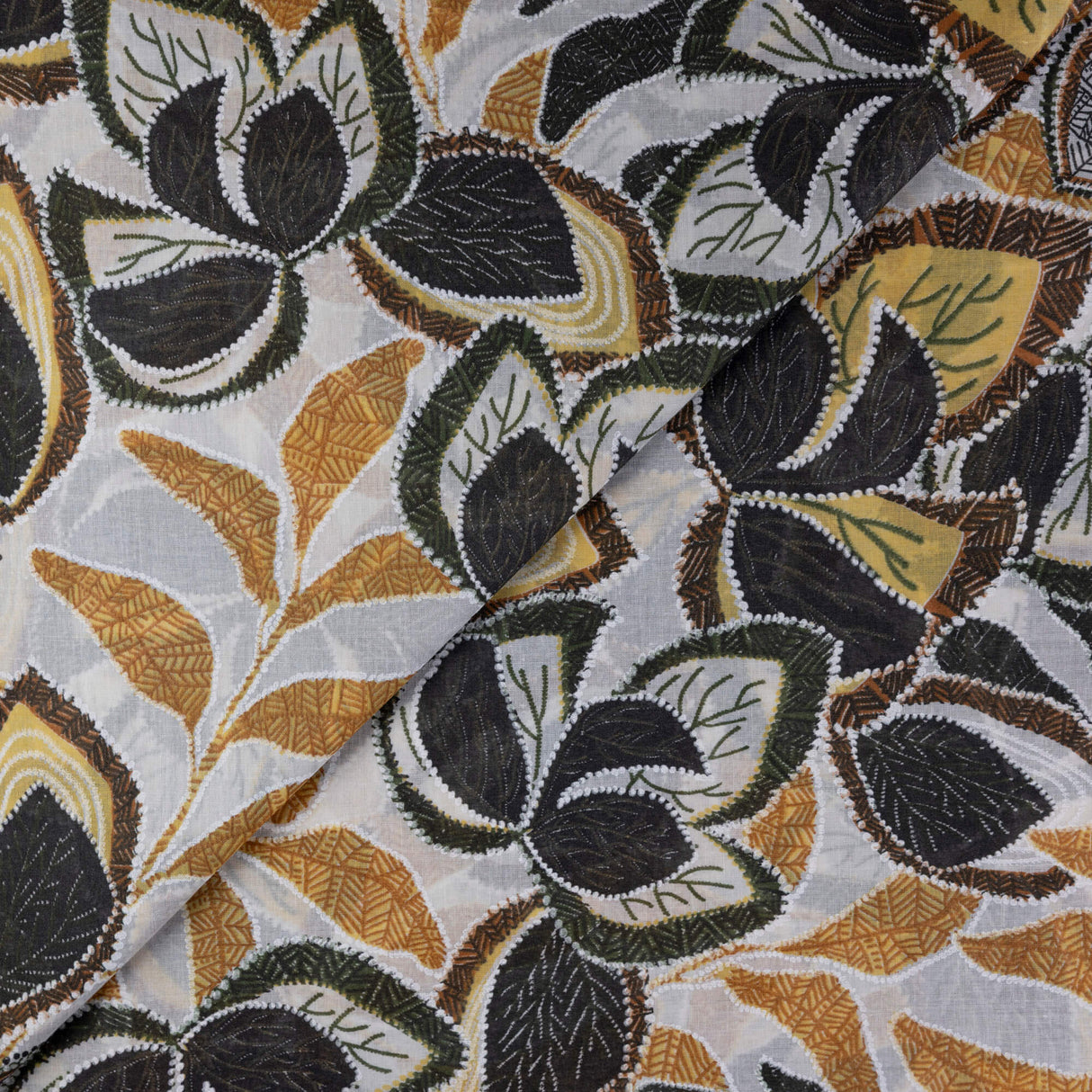 Voile 100% coton – Feuilles noir jaune