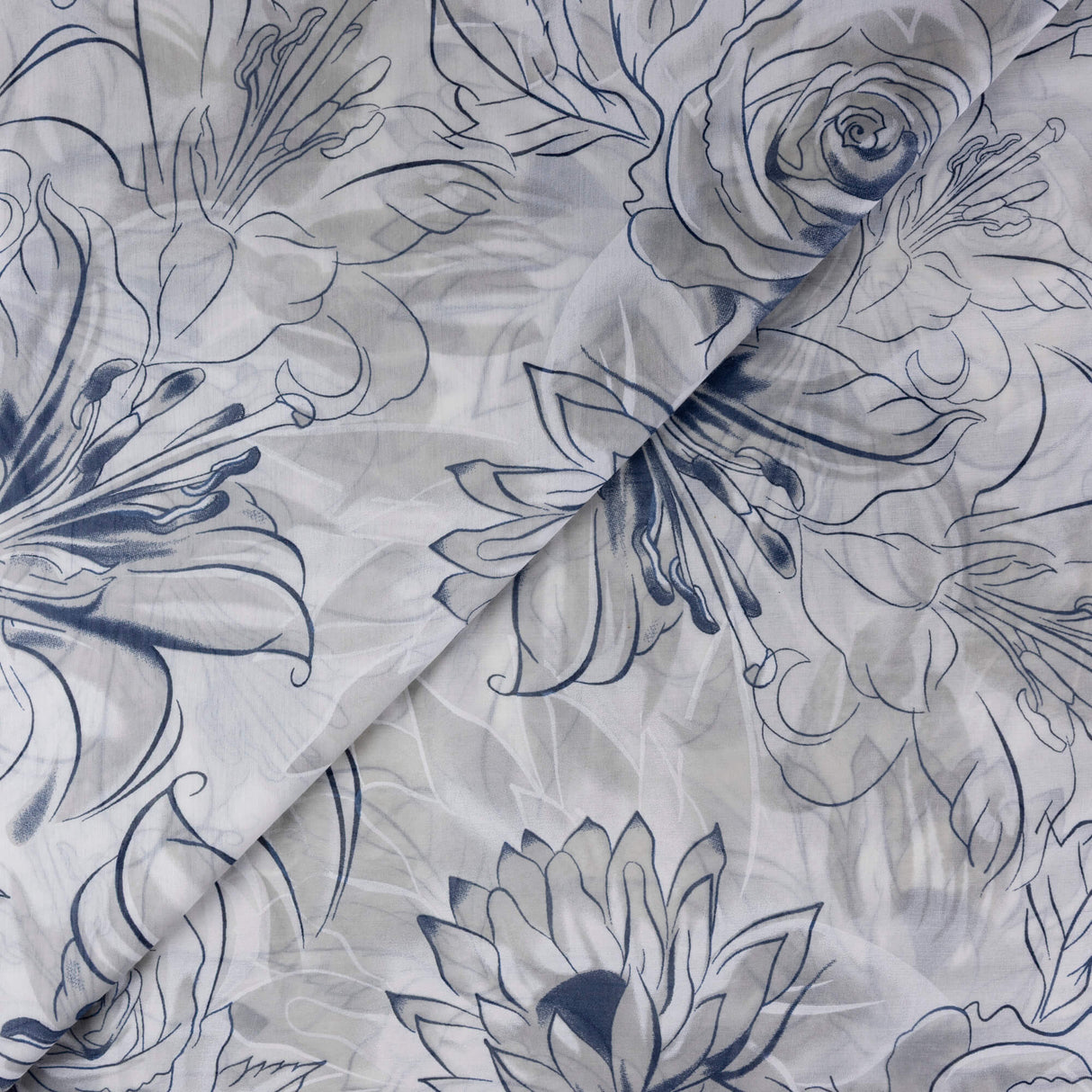 Voile 100% coton – Fleurs bleu fond blanc