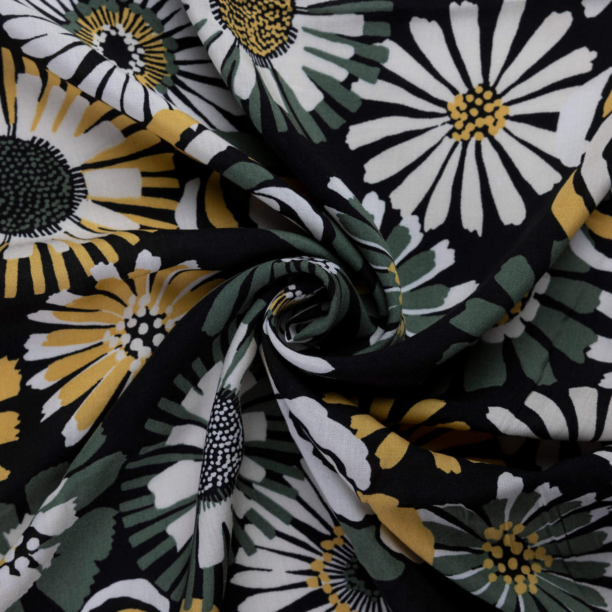 Étoffe 100% viscose – Fleurs jaune & vert fond noir