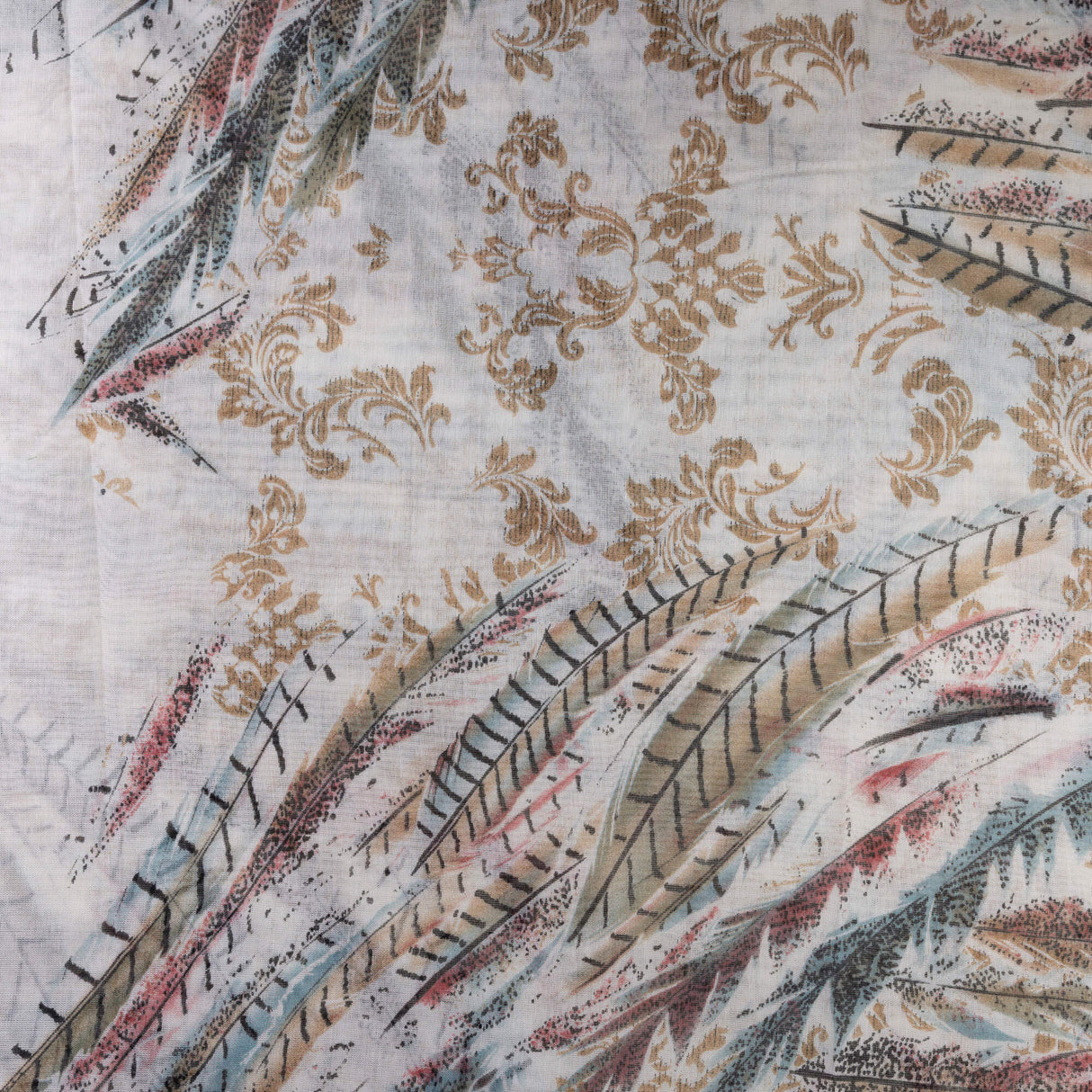 Gaze 100% viscose – Plume multicolore fond écru