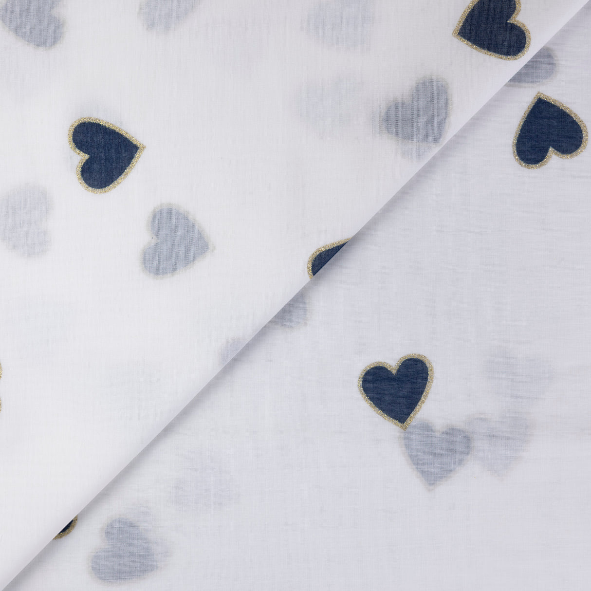Voile 100% coton – Cœurs bleu marine doré fond blanc