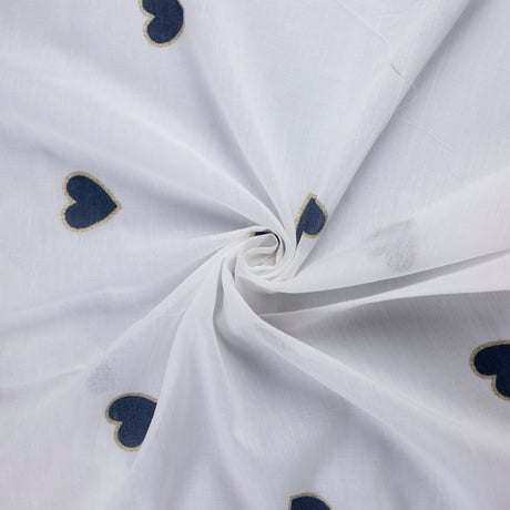Voile 100% coton – Cœurs bleu marine doré fond blanc