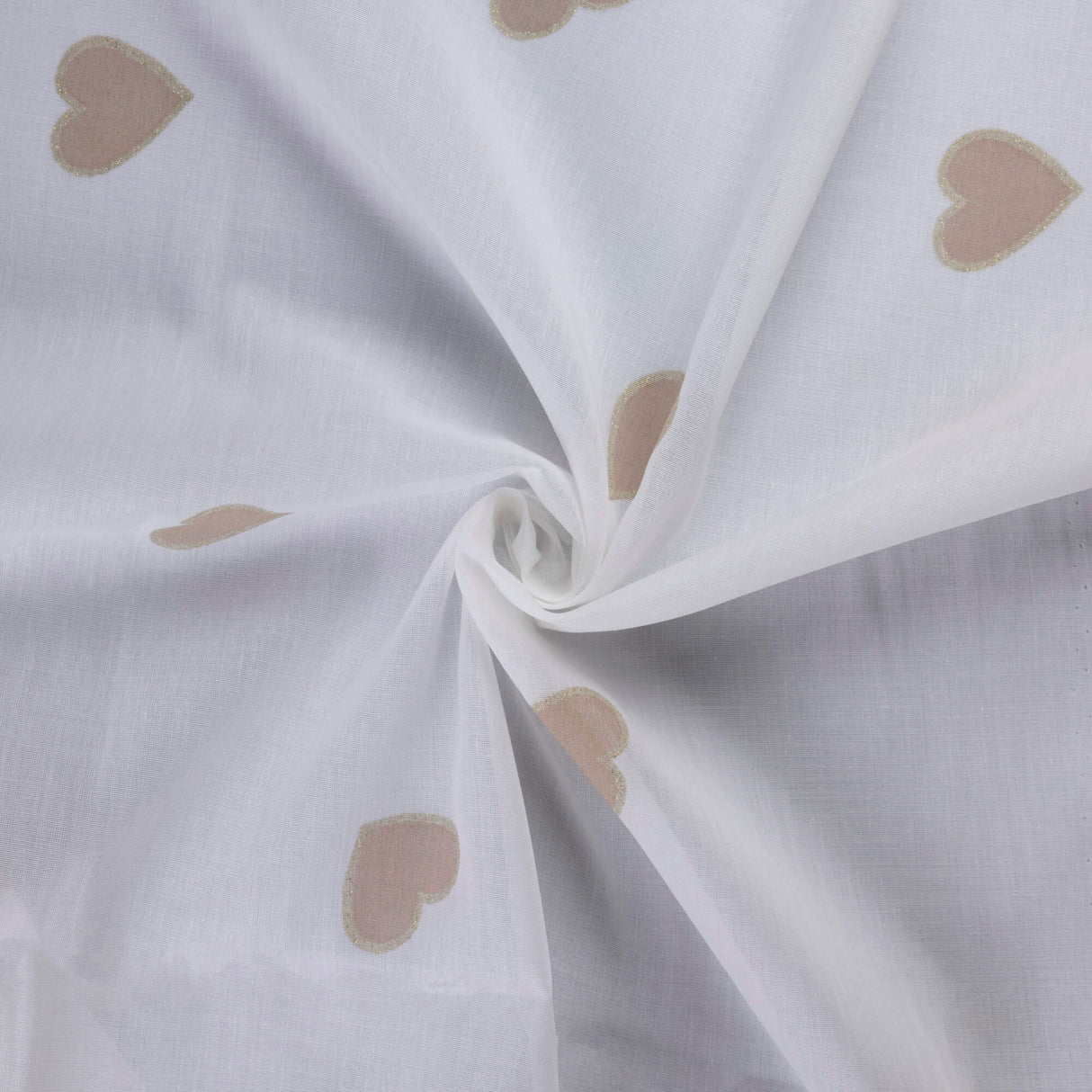 Voile 100% coton – Cœurs beige doré fond blanc