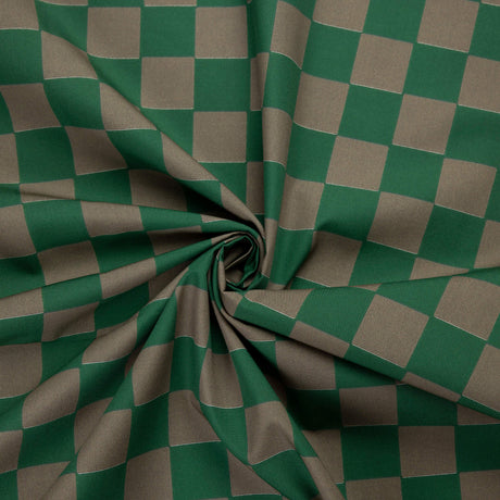 Popeline 100% coton - Damier vert et taupe