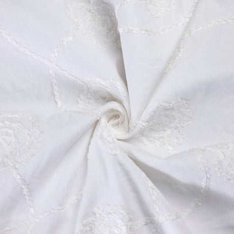 Velours milleraies  - Brodée fleurs spiralées blanc cassé