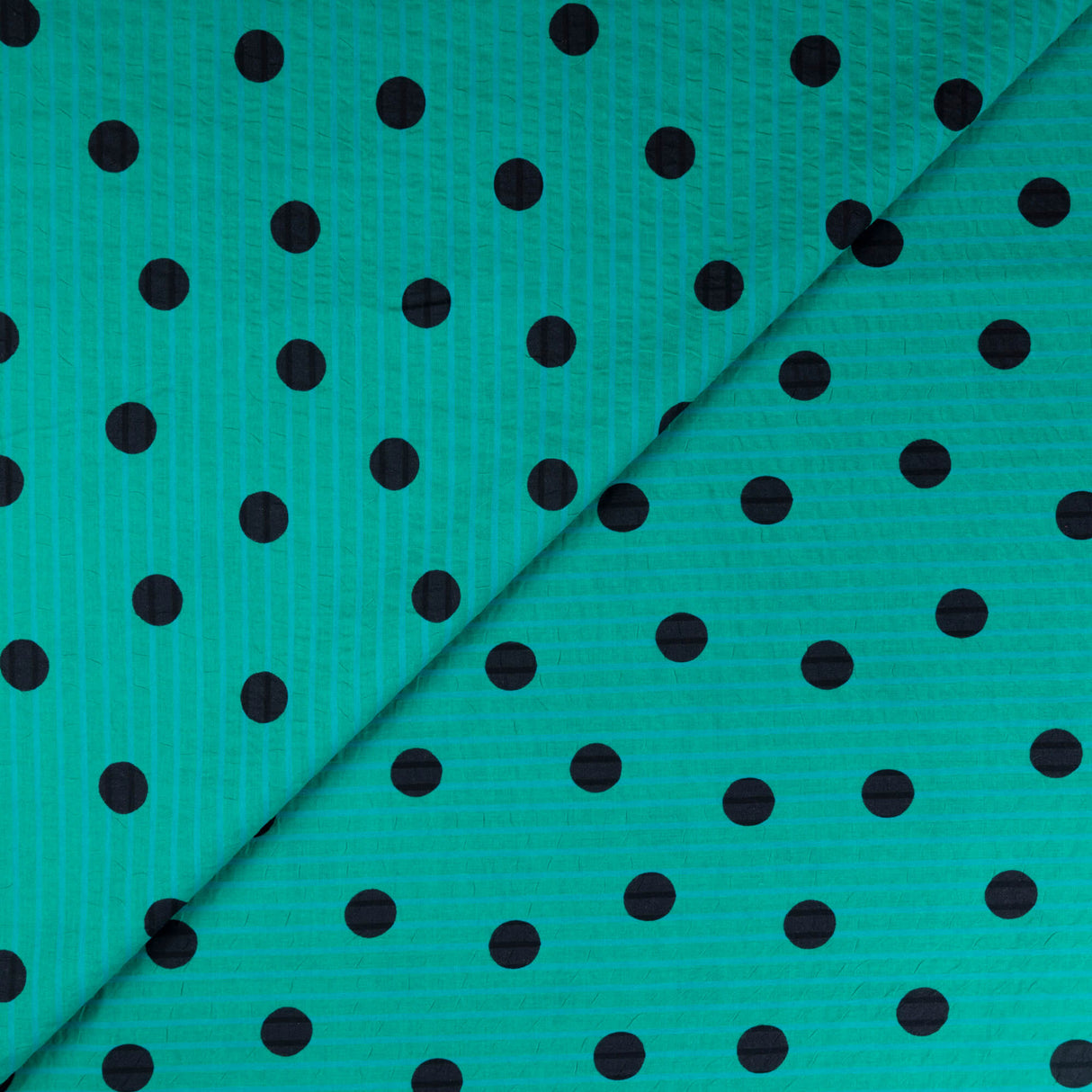 Seersucker coton & élasthanne - Pois noirs fond vert émeraude