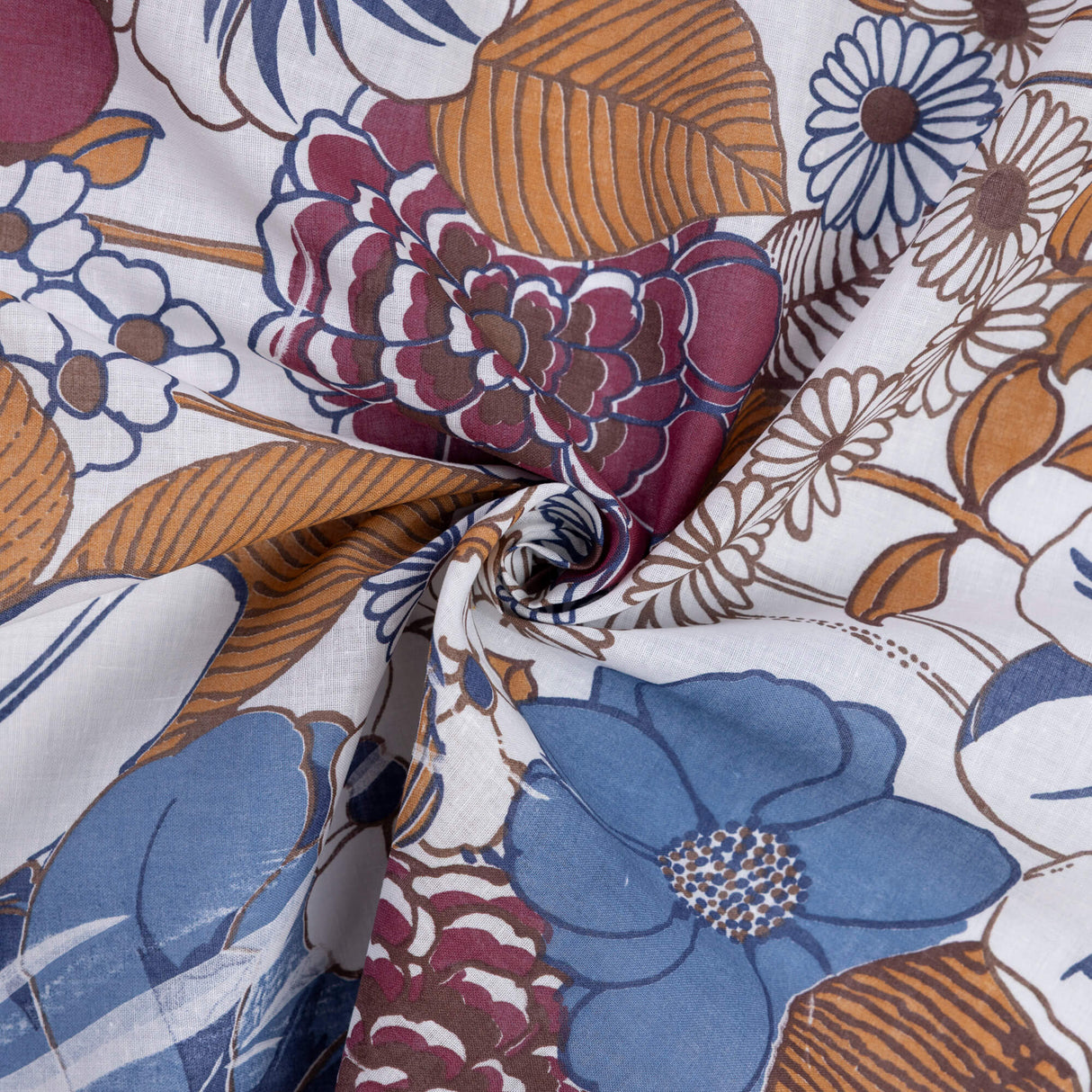 Voile 100% coton - Fleurs bleues et bordeaux