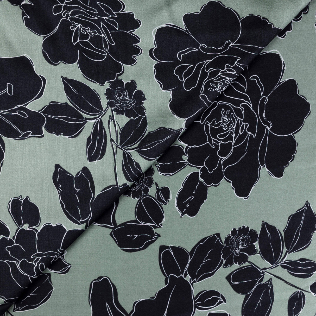 Satin 100% viscose – Fleurs noires fond vert sauge
