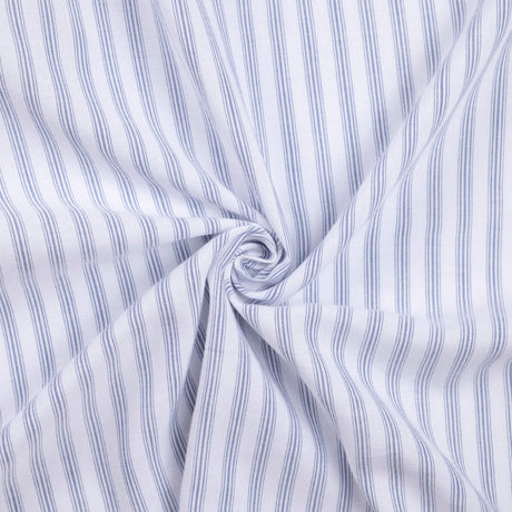 Étoffe 100% viscose – Rayures bleues sur fond blanc